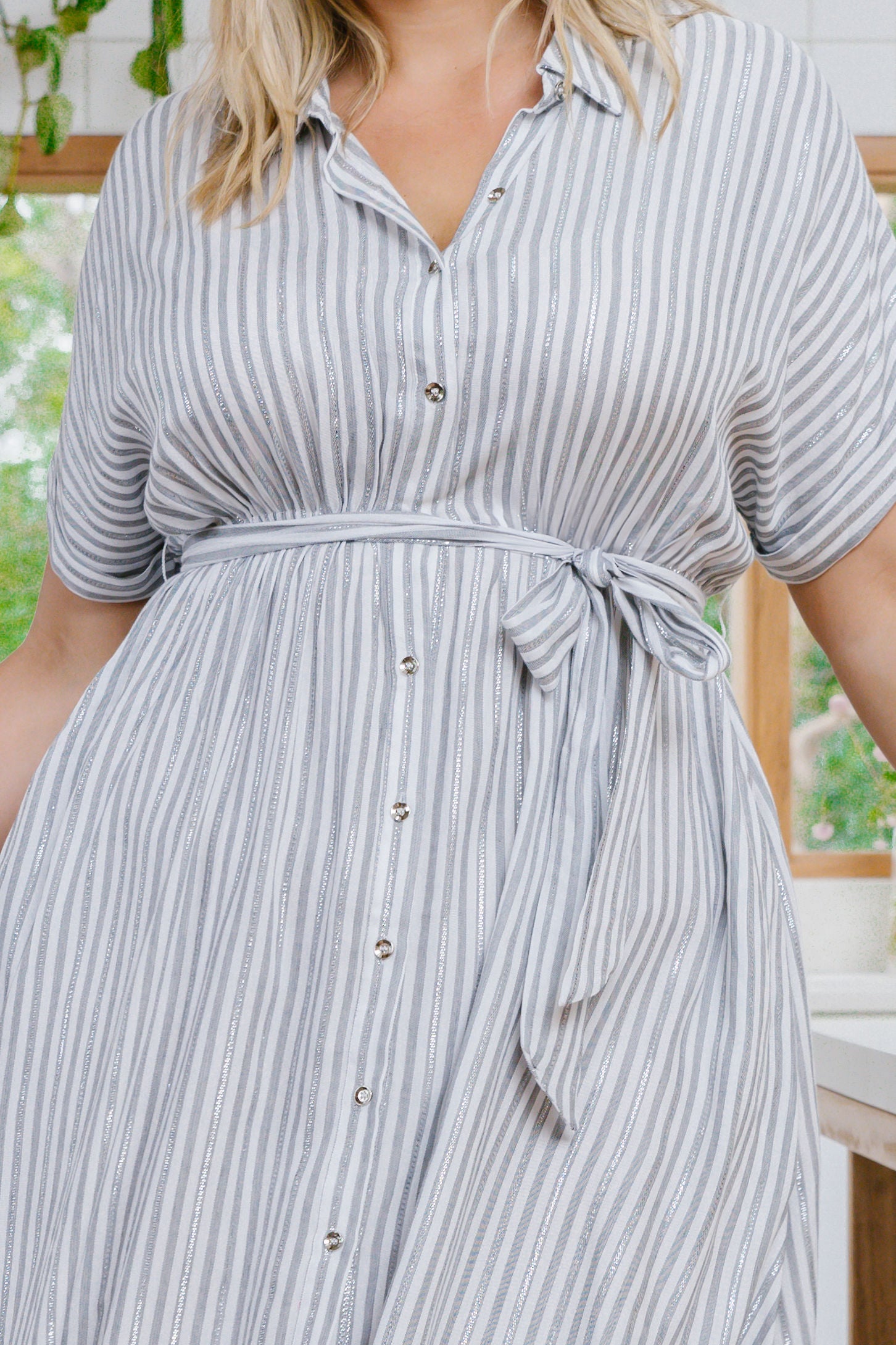 Romy Party Dress in White/Metallic Stripe