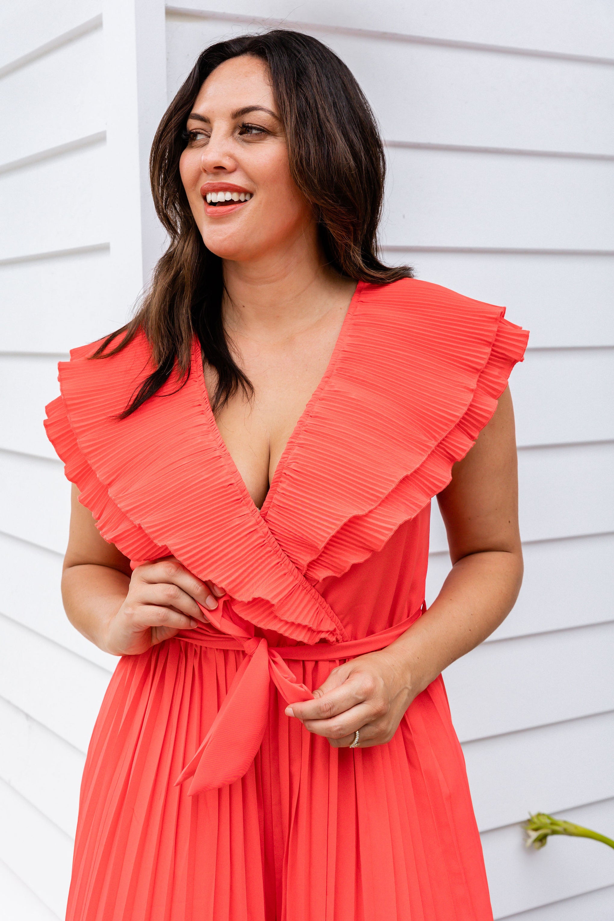 Lily Pleated Jumpsuit in Coral Red