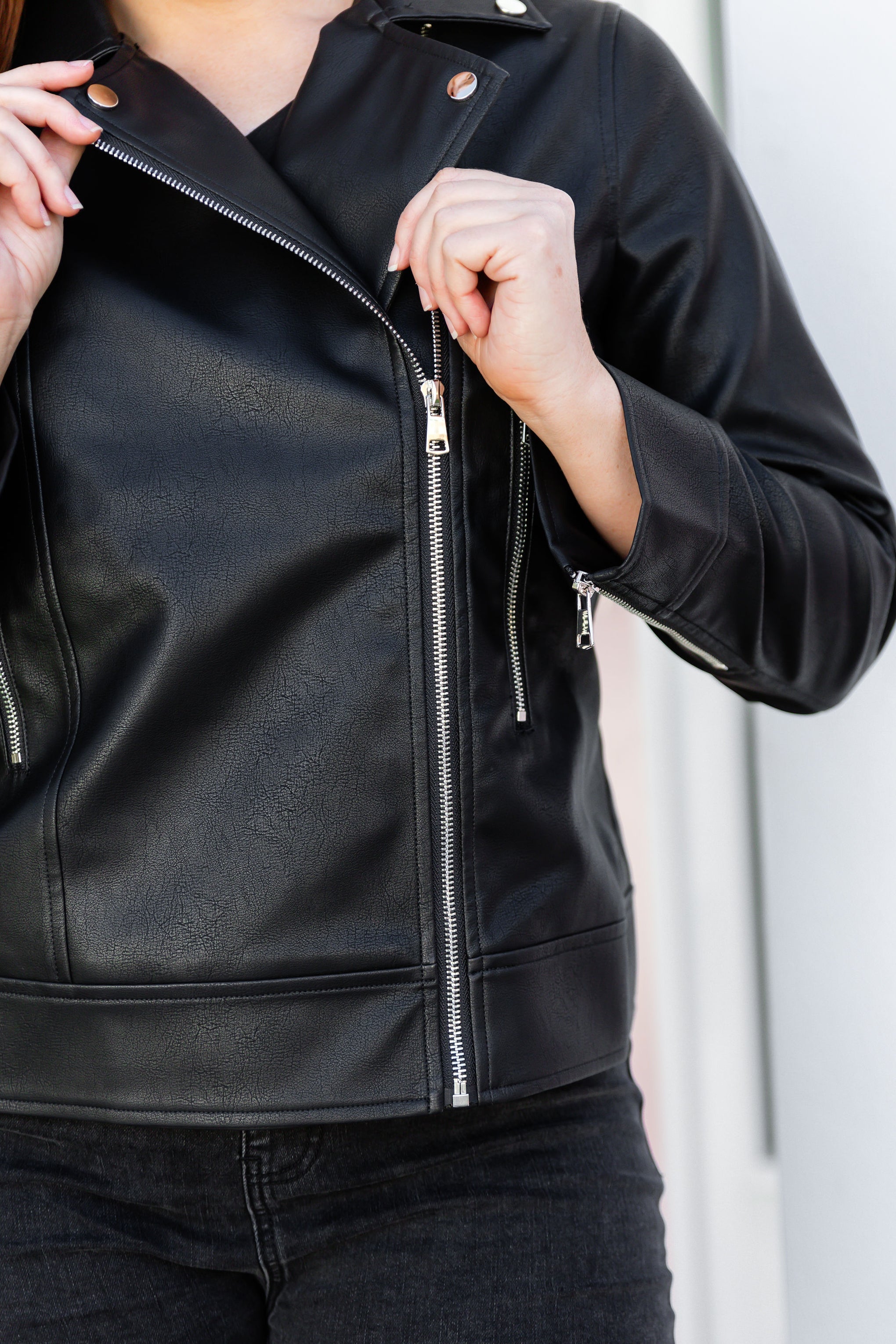 Rebel Faux Leather Biker Jacket in Black