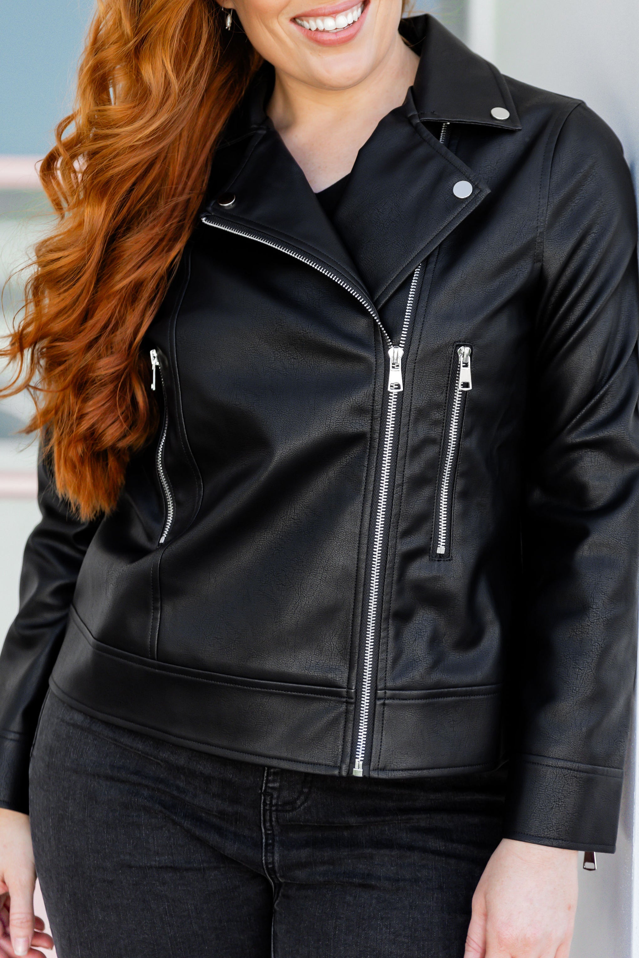 Rebel Faux Leather Biker Jacket in Black