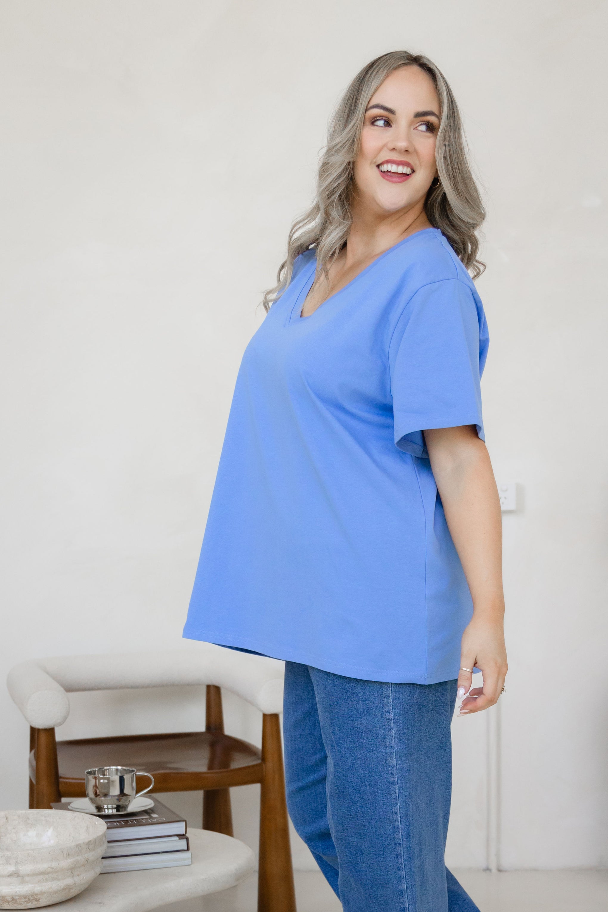 Relaxed V-Neck Tee in Cornflower Blue