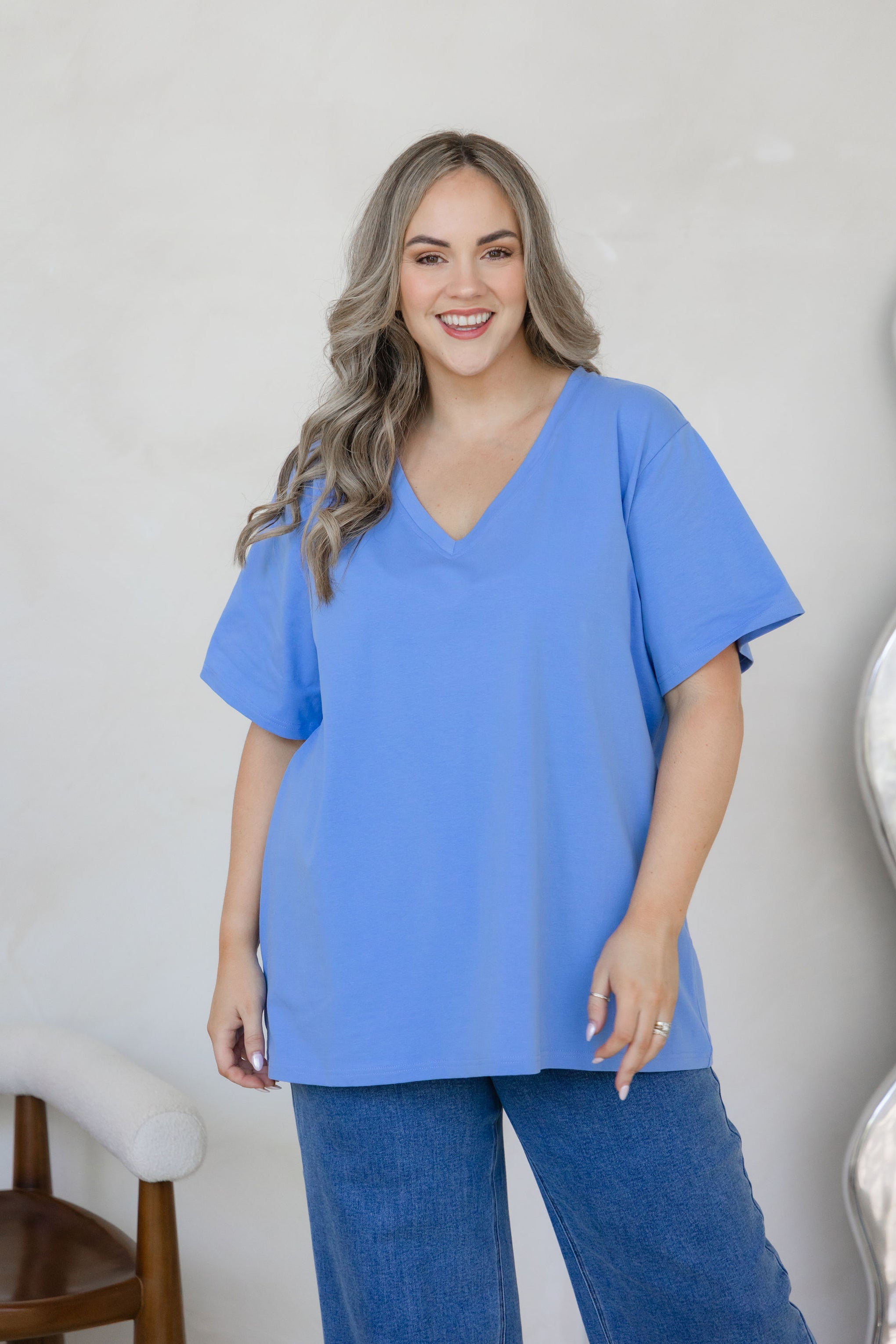 Relaxed V-Neck Tee in Cornflower Blue