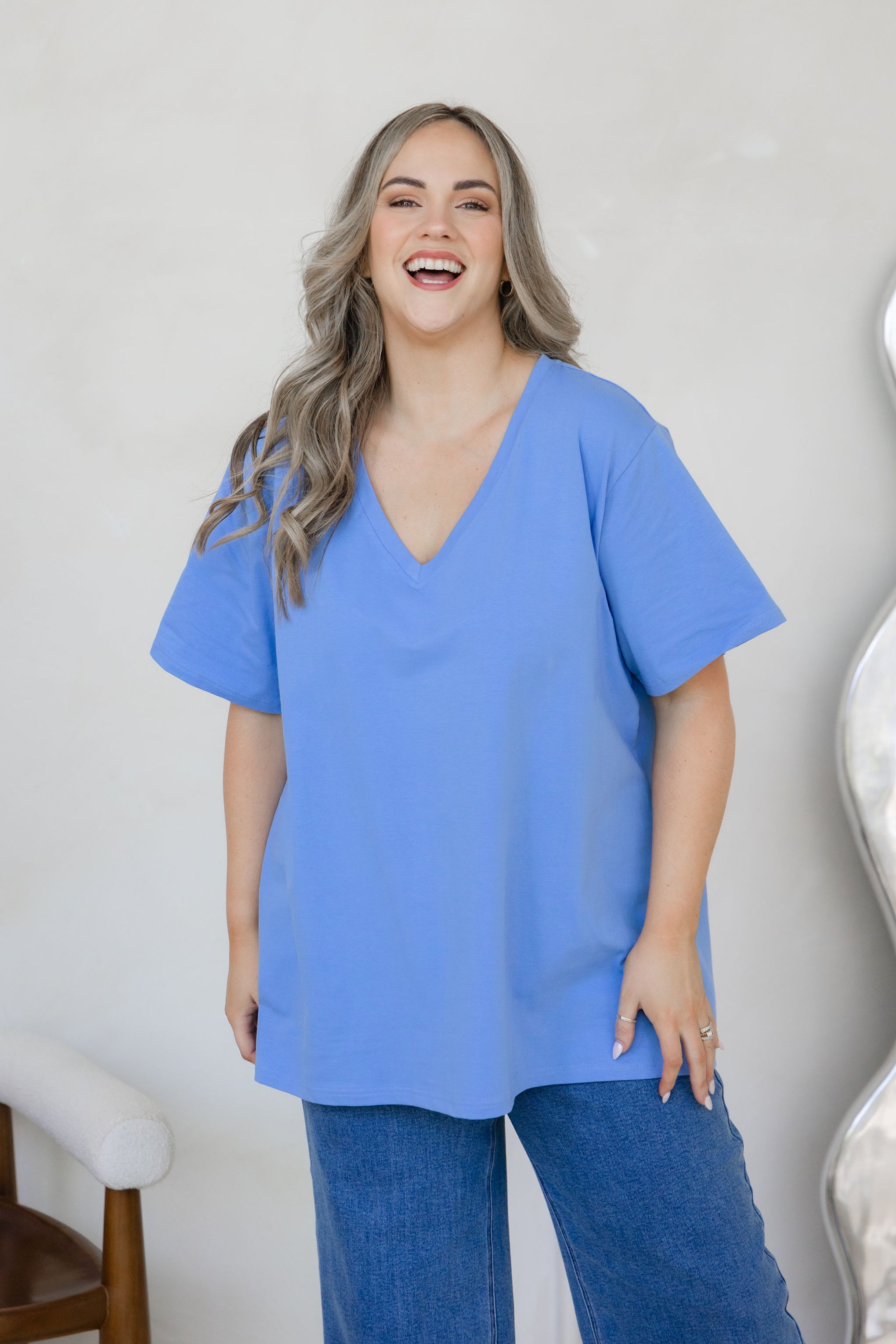 Relaxed V-Neck Tee in Cornflower Blue