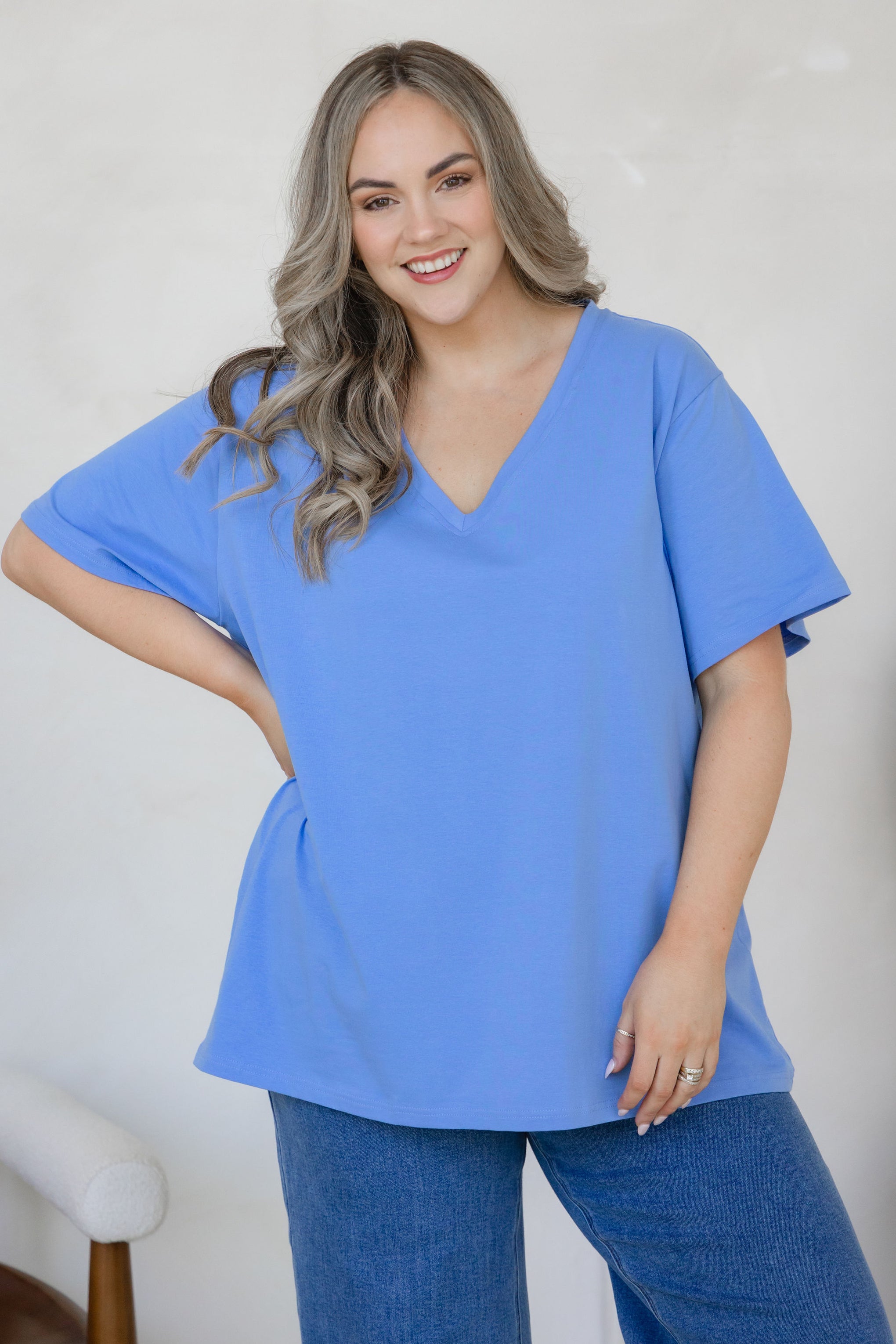 Relaxed V-Neck Tee in Cornflower Blue