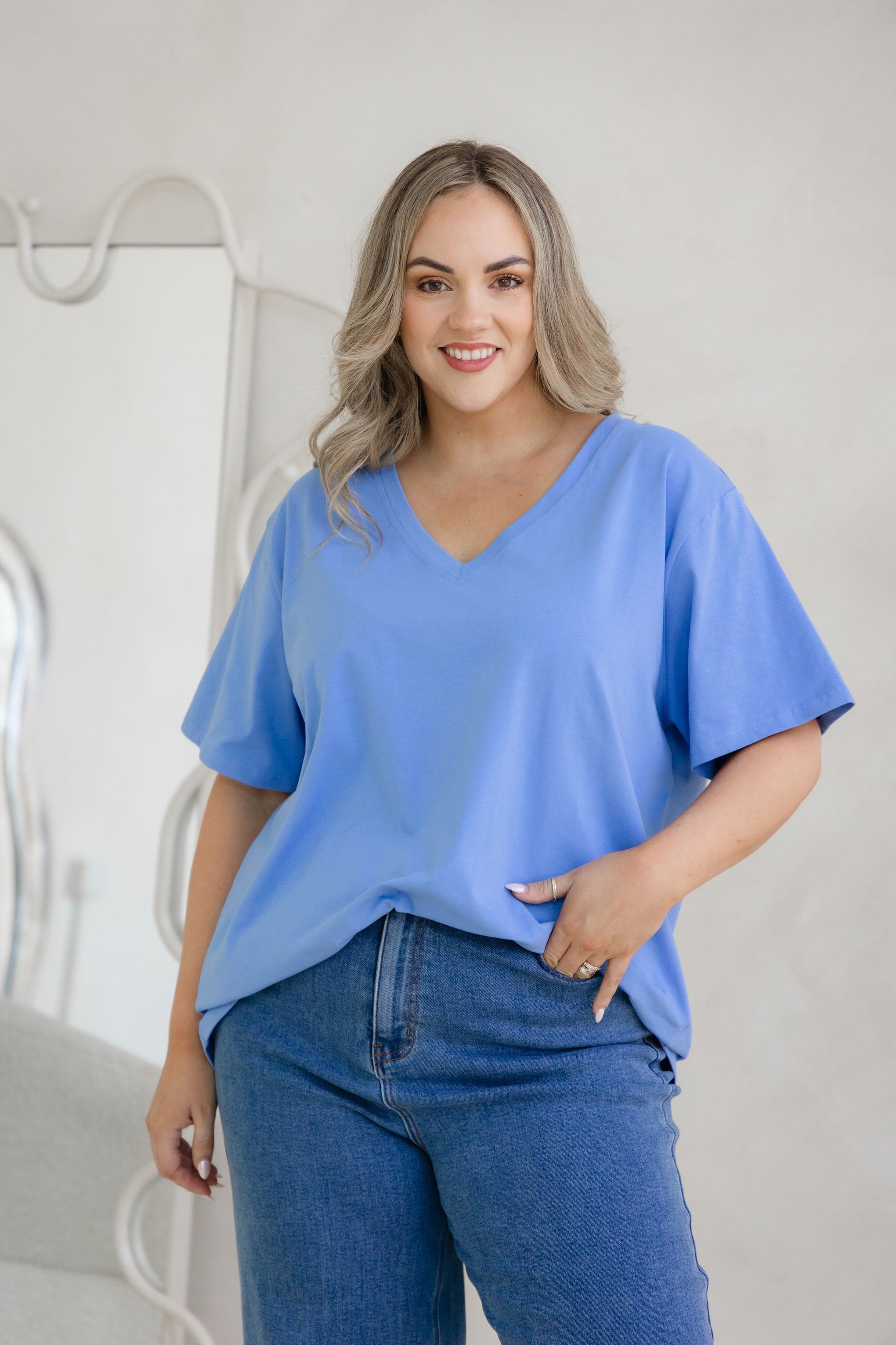 Relaxed V-Neck Tee in Cornflower Blue