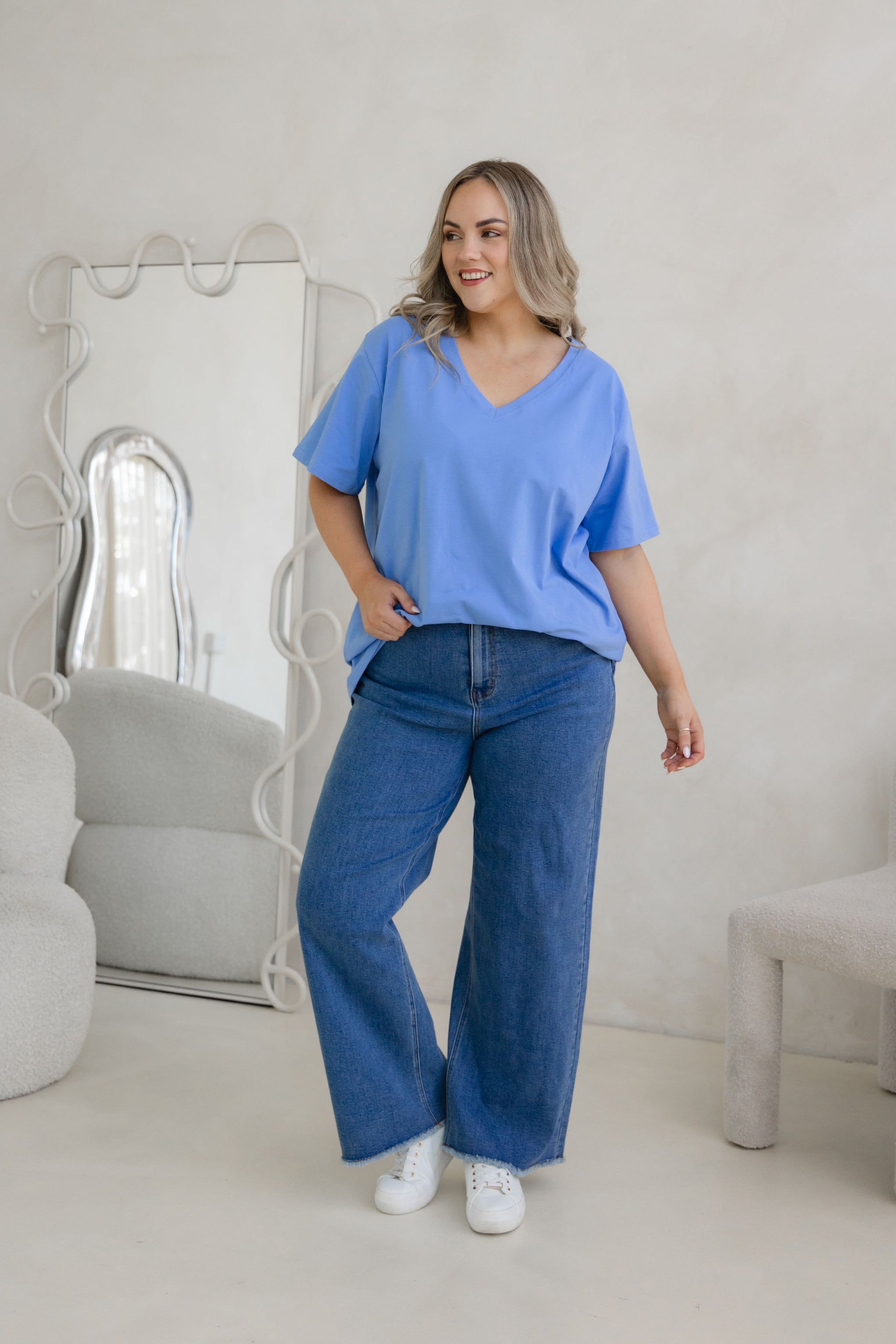 Relaxed V-Neck Tee in Cornflower Blue
