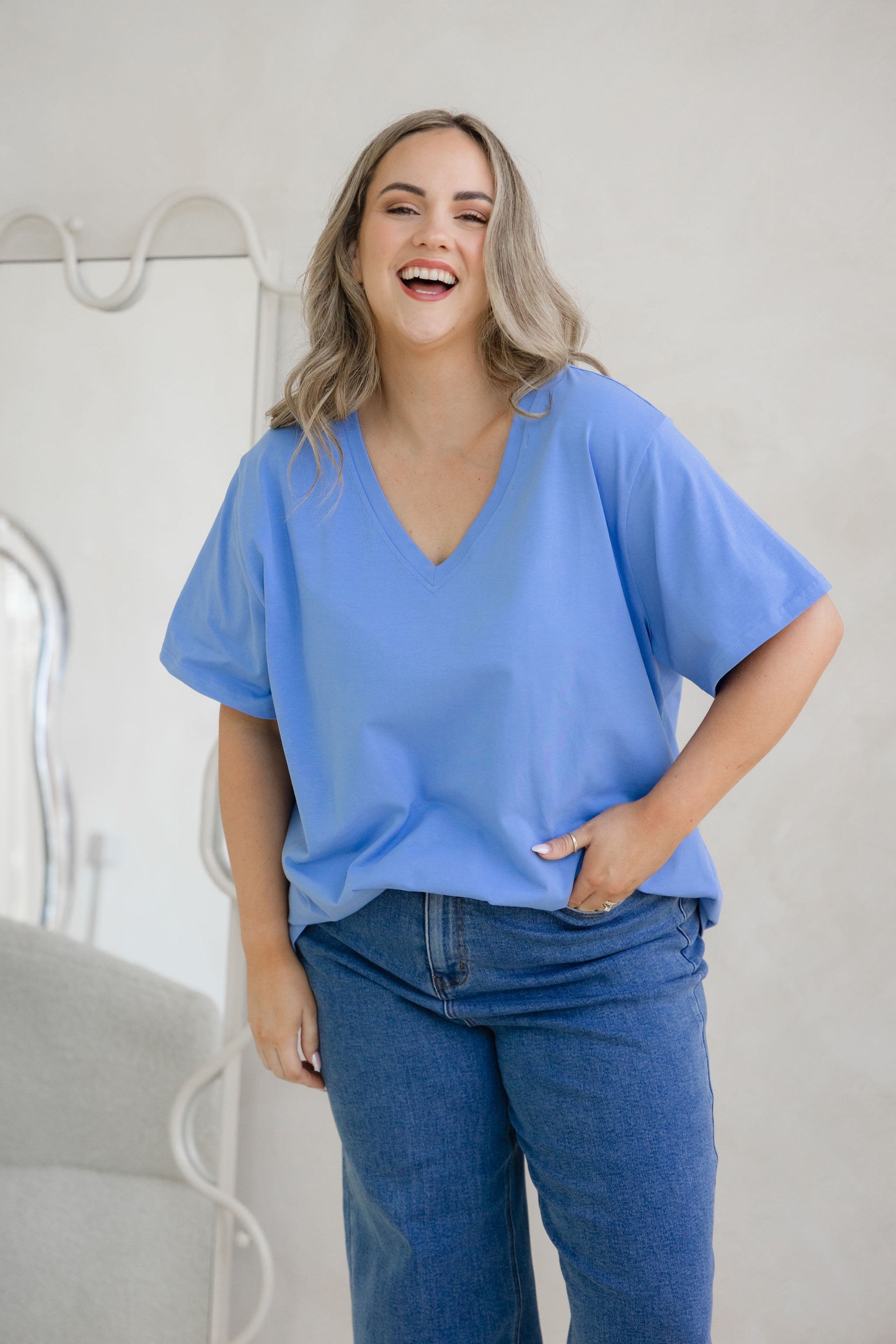 Relaxed V-Neck Tee in Cornflower Blue