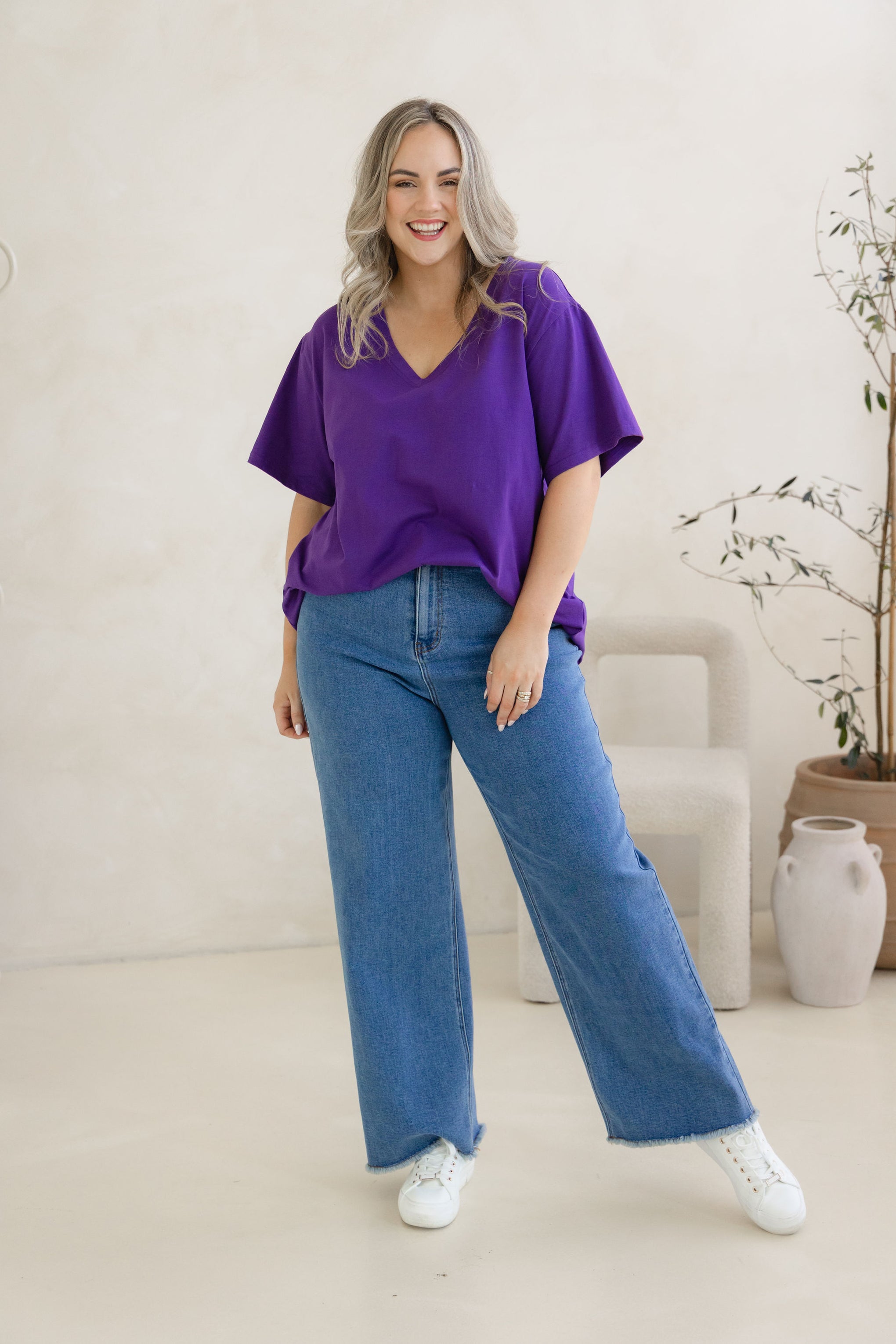 Relaxed V-Neck Tee in Purple