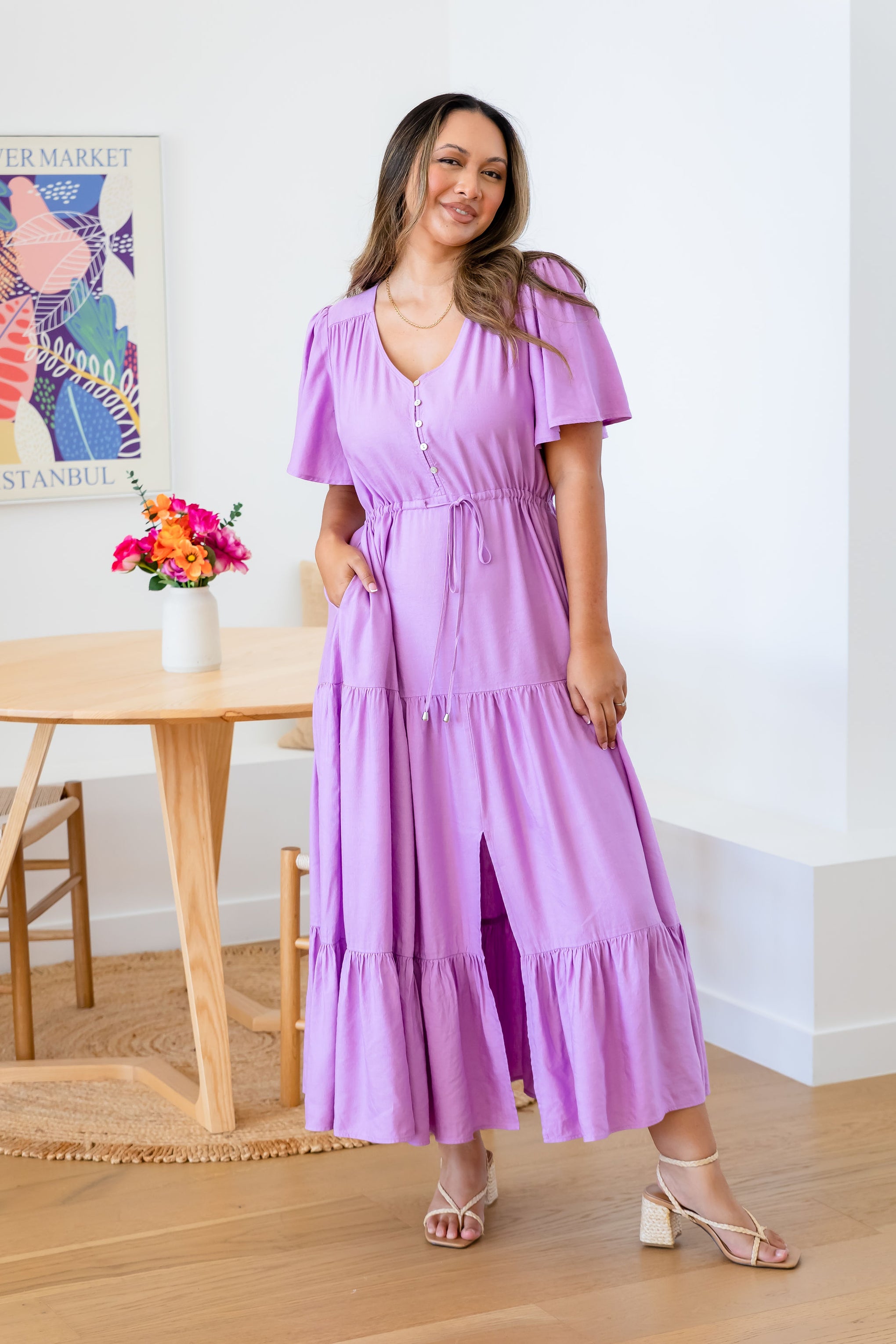 Bonnie Linen Blend Dress in Berry