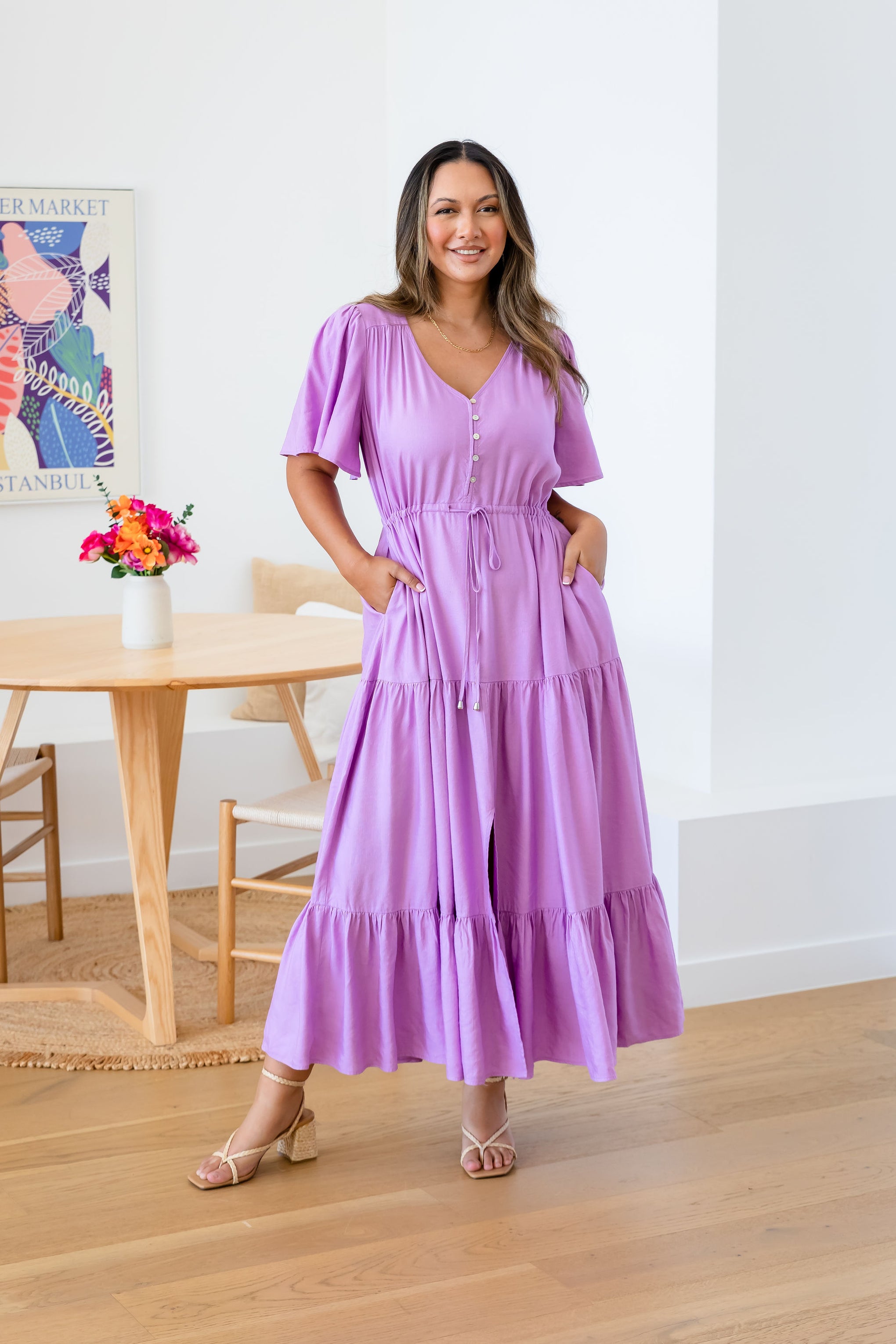 Bonnie Linen Blend Dress in Berry