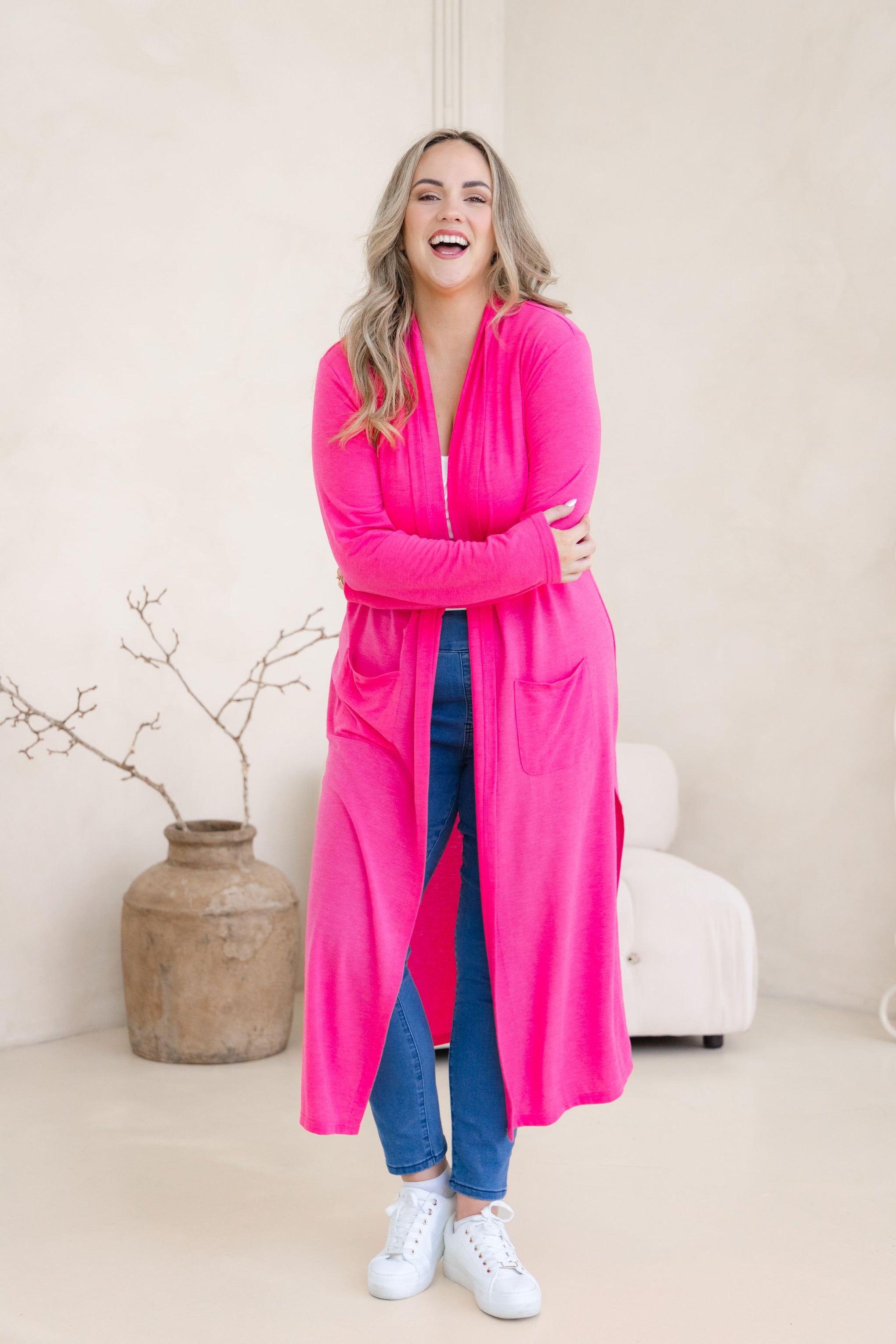 Jane Cardi Maxi Length in Hot Pink
