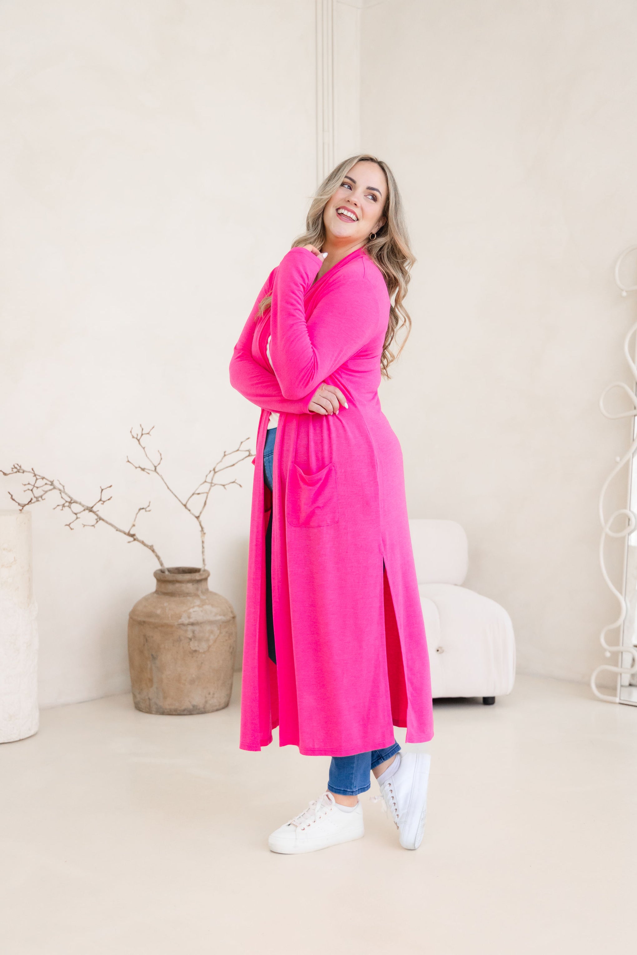Jane Cardi Maxi Length in Hot Pink