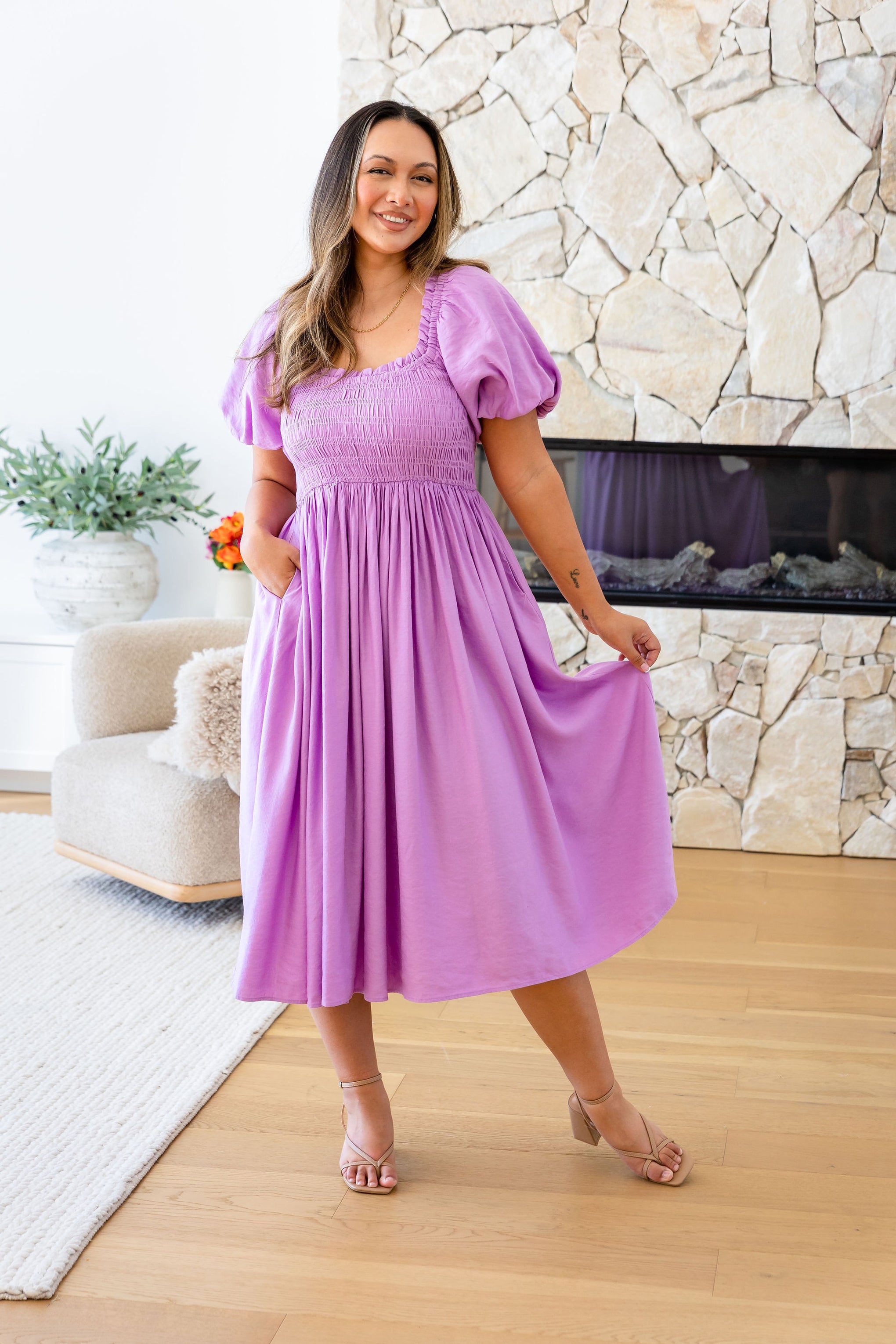 Stelle Linen Blend Midi Dress in Berry