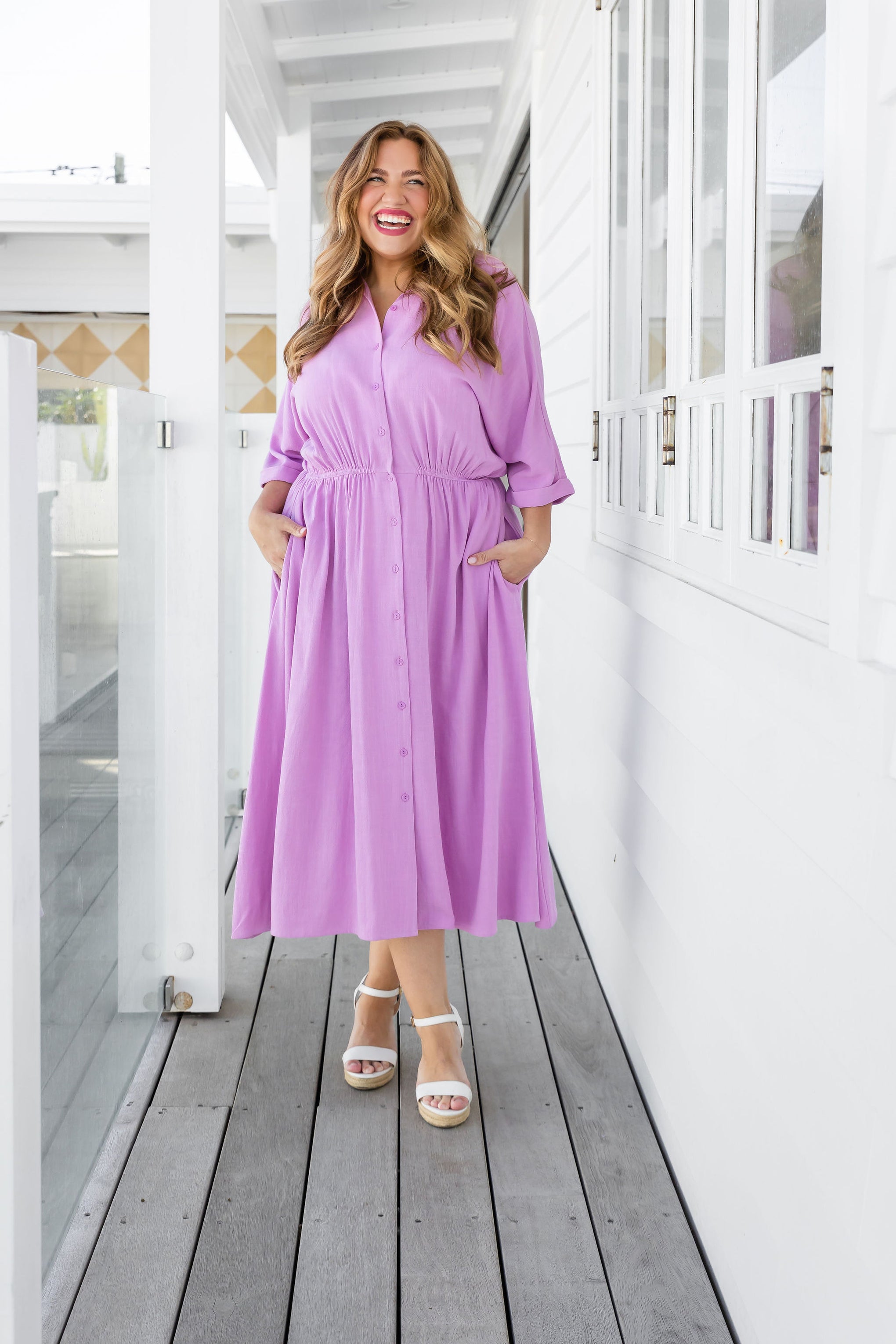 Maddy Linen Blend Midi Dress in Lilac