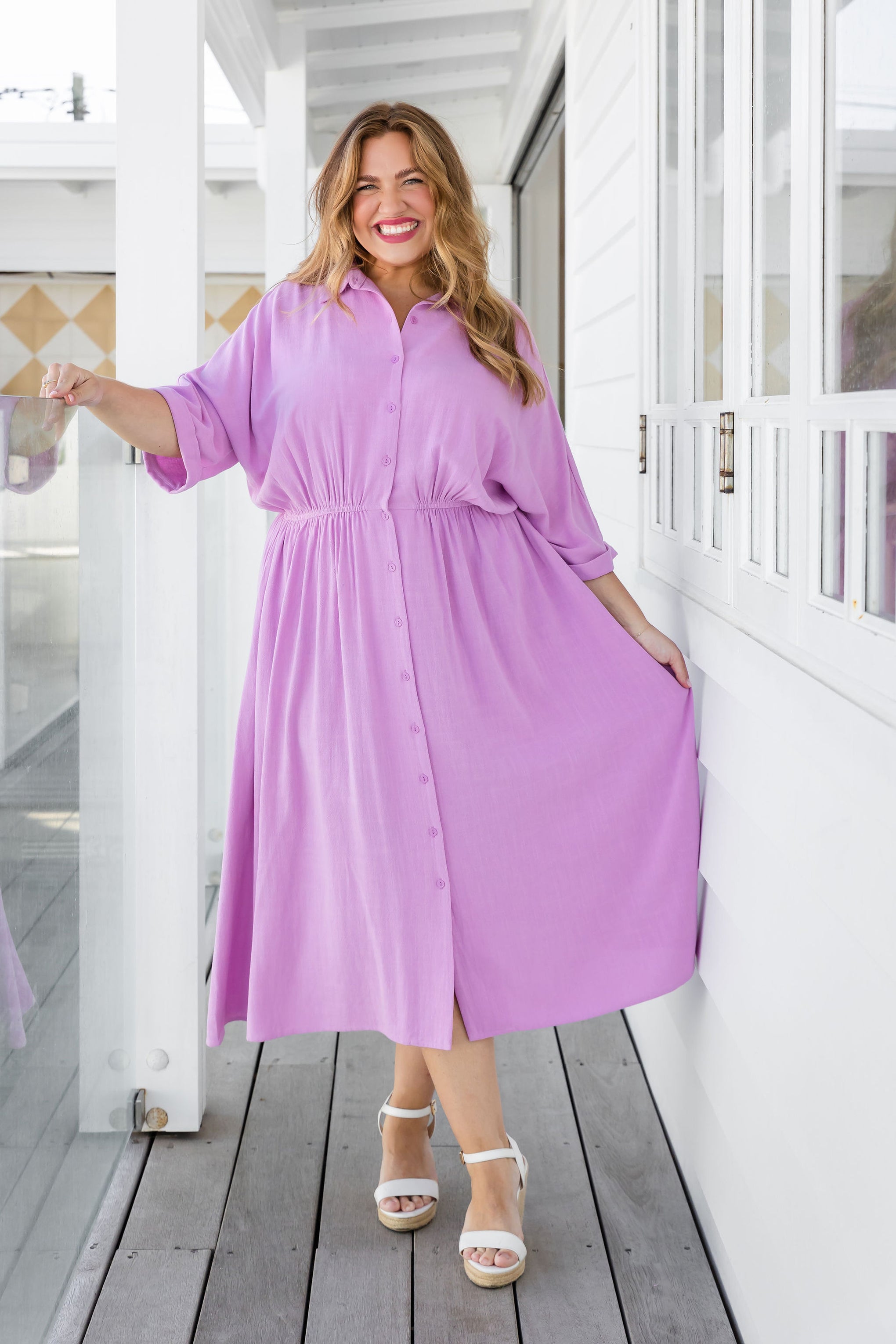 Maddy Linen Blend Midi Dress in Lilac