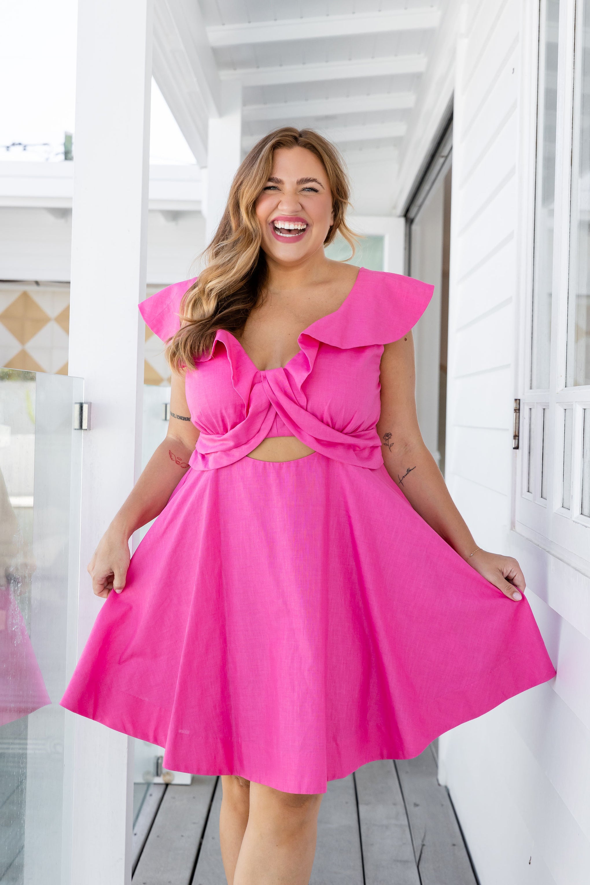 Amber Linen Blend Dress in Dark Pink