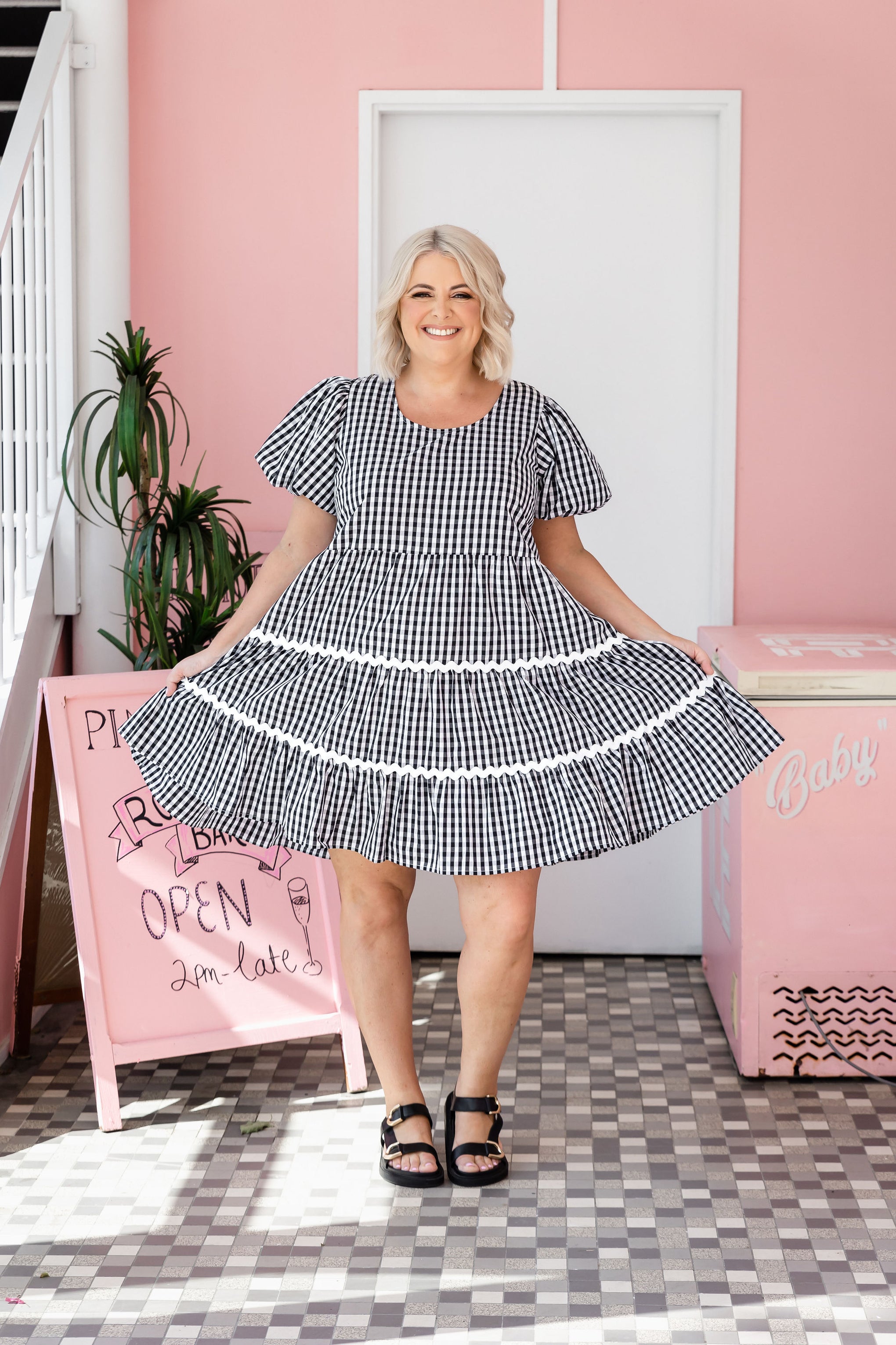 Greta Party Dress in Gingham Black