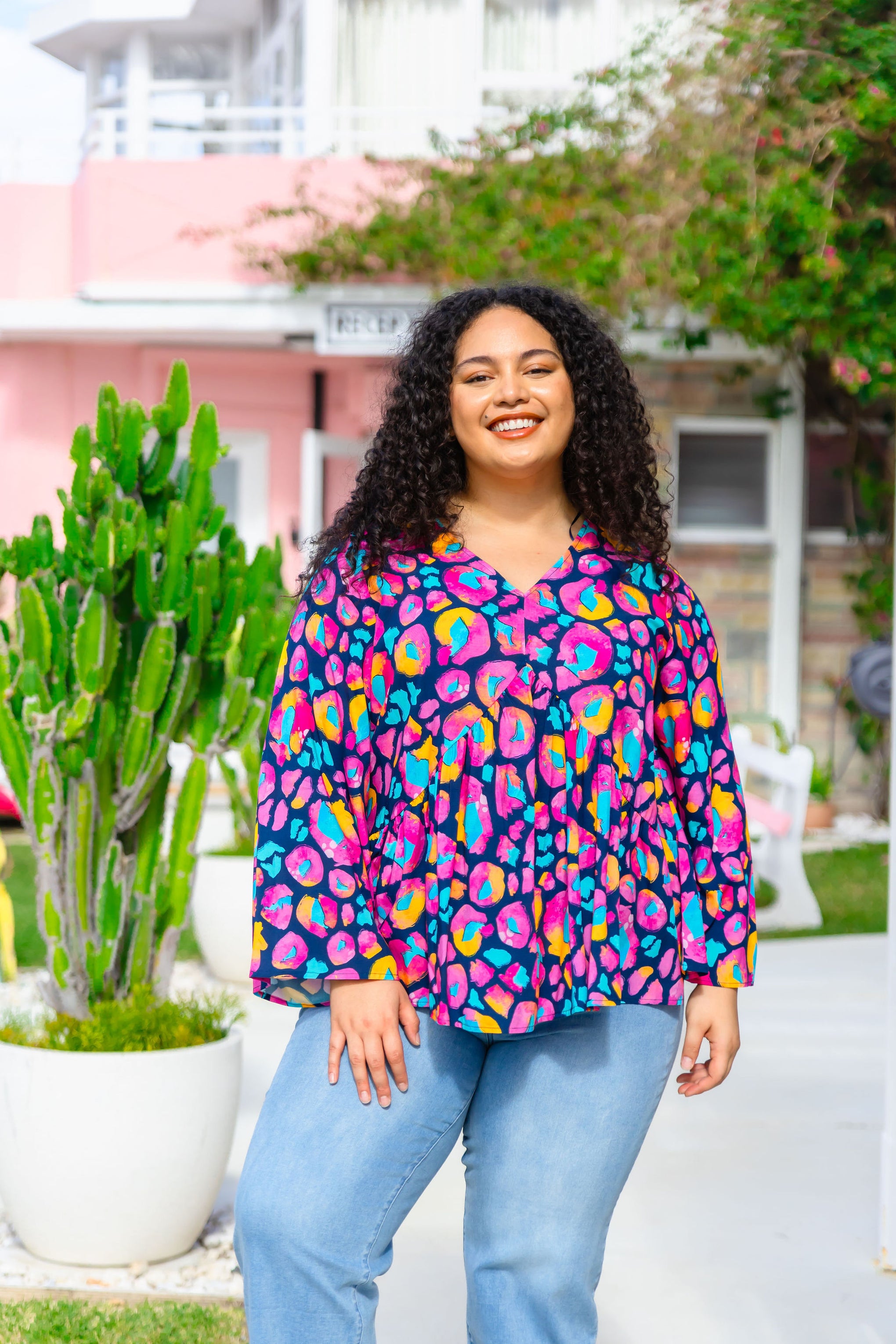 Long Sleeve Peak Top in Magenta Leopard by Kasey Rainbow