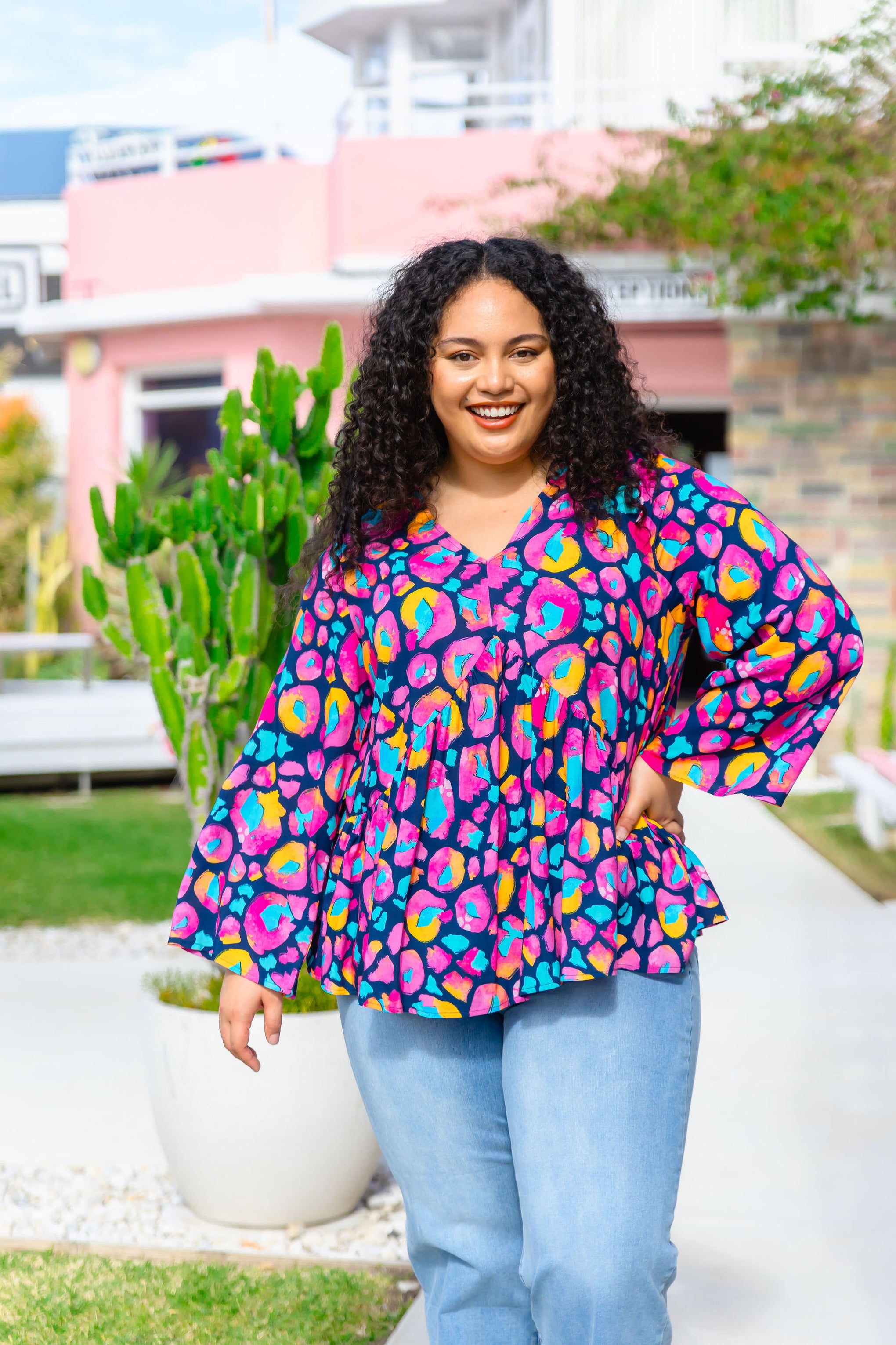 Long Sleeve Peak Top in Magenta Leopard by Kasey Rainbow