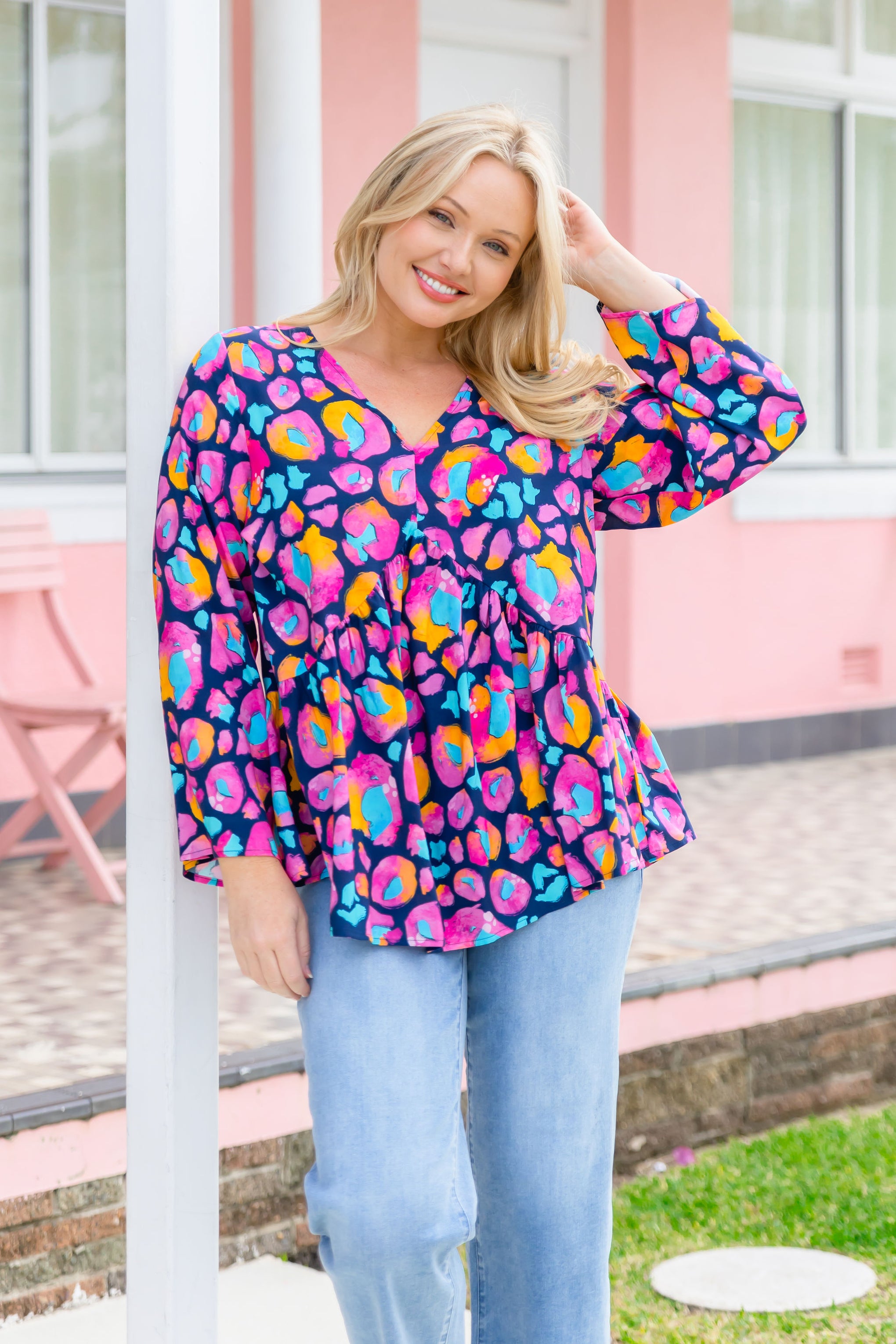 Long Sleeve Peak Top in Magenta Leopard by Kasey Rainbow