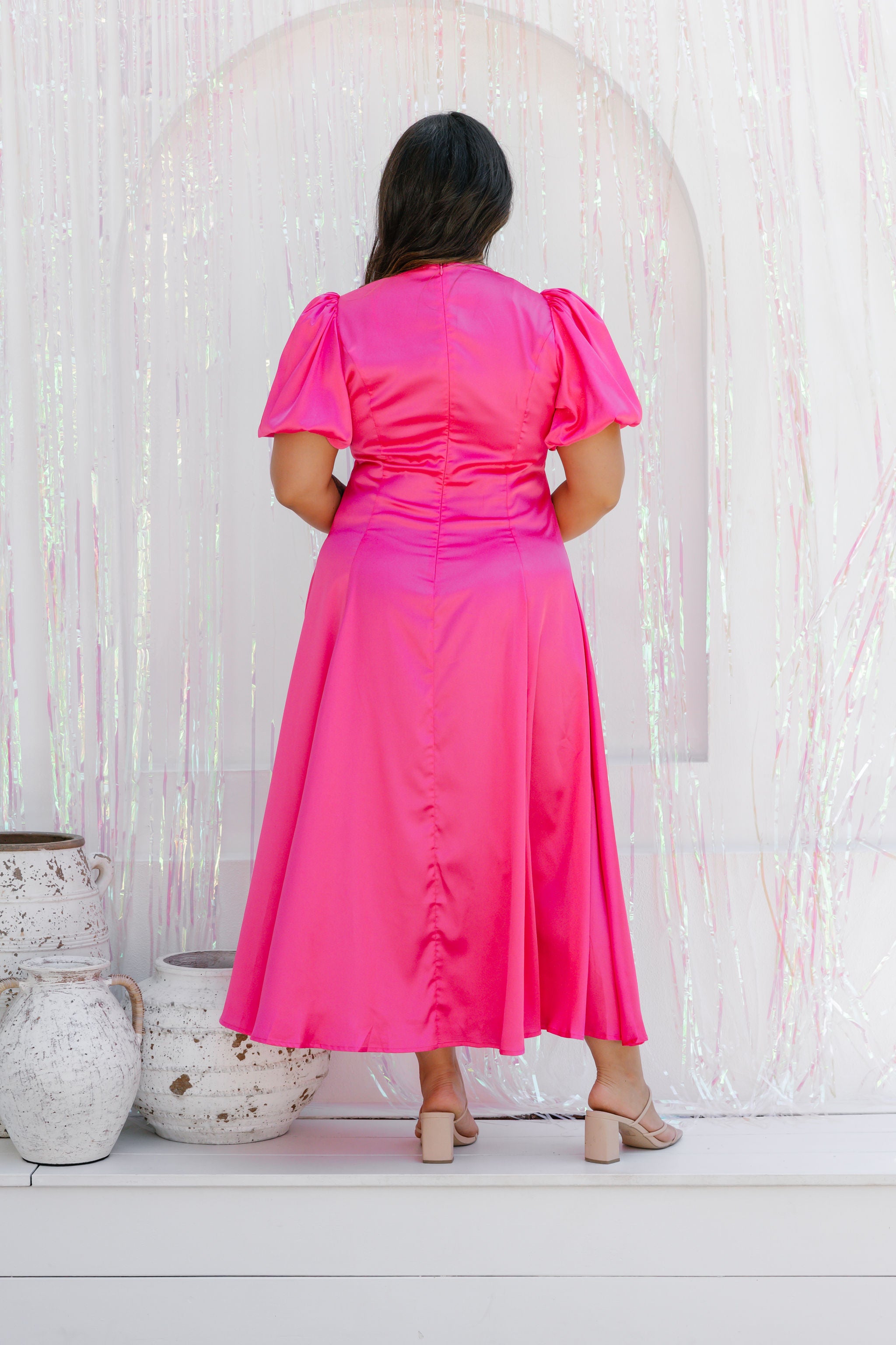 Hot pink best sale satin midi dress