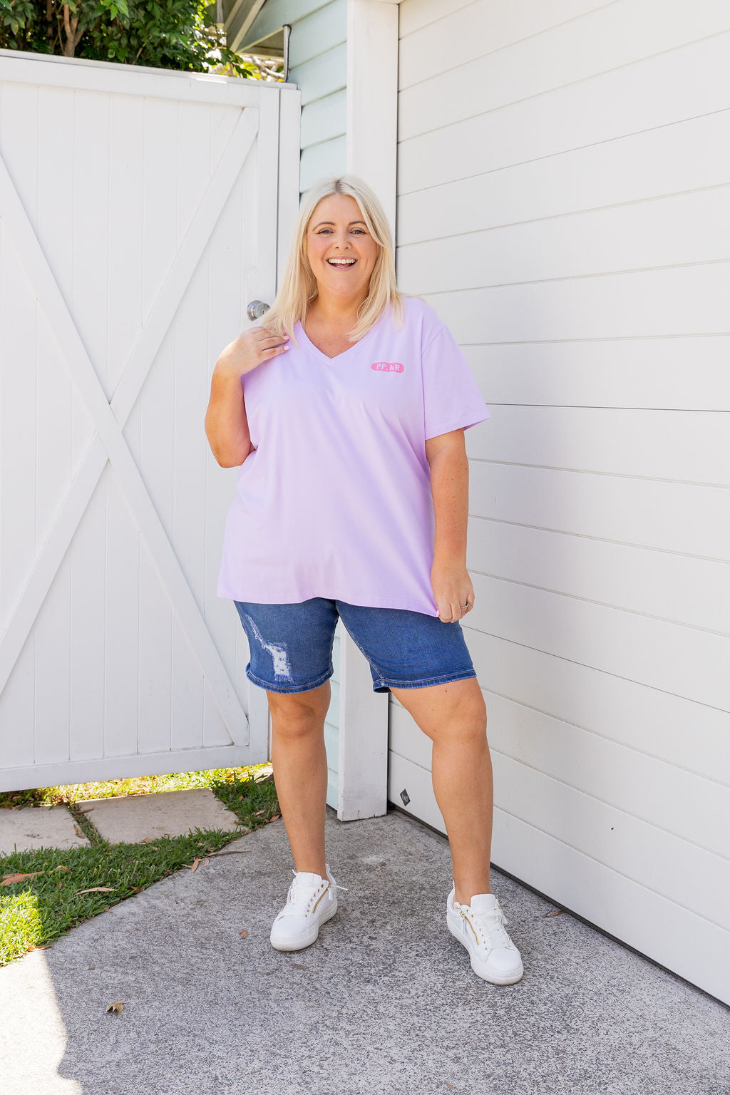 Della Relaxed V-Tee in Be Okay Lilac by Kasey Rainbow