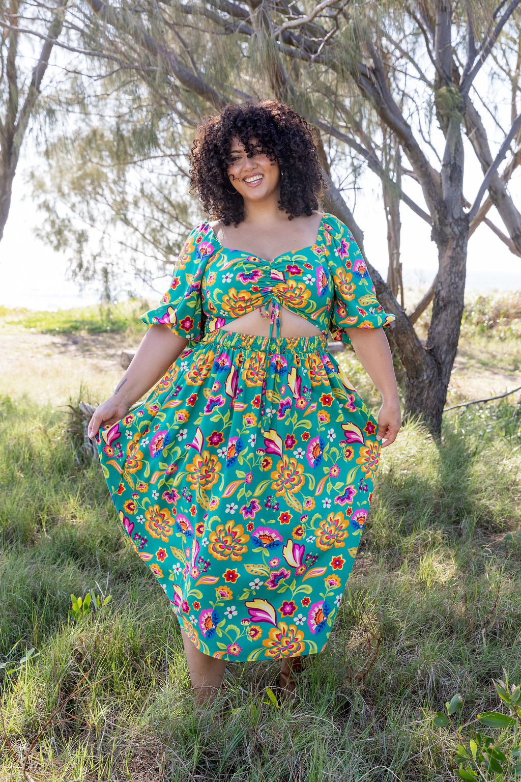 Pippa Cut Out Dress in Emerald Dreams