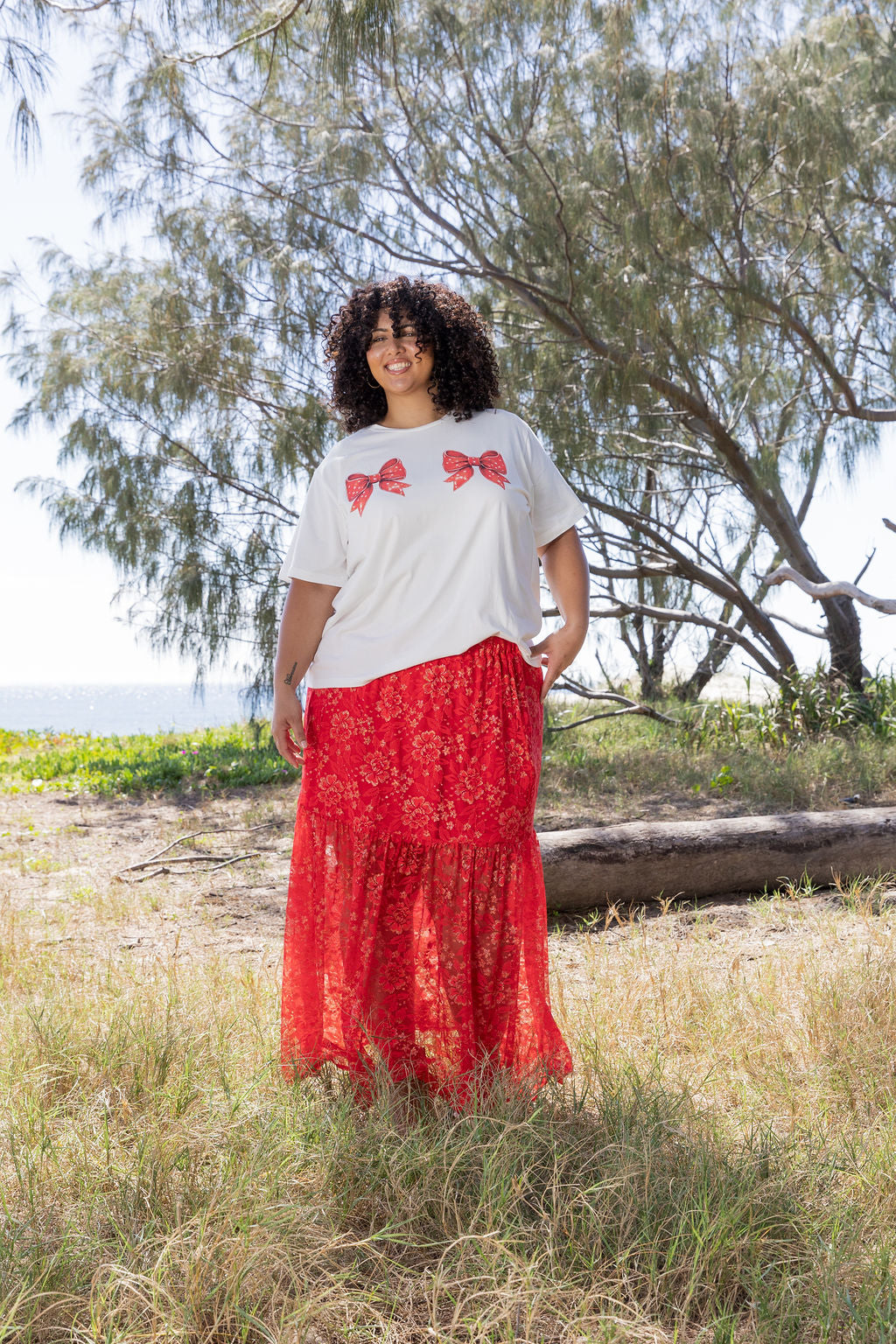 Vivien Lace Skirt in Red/Gold