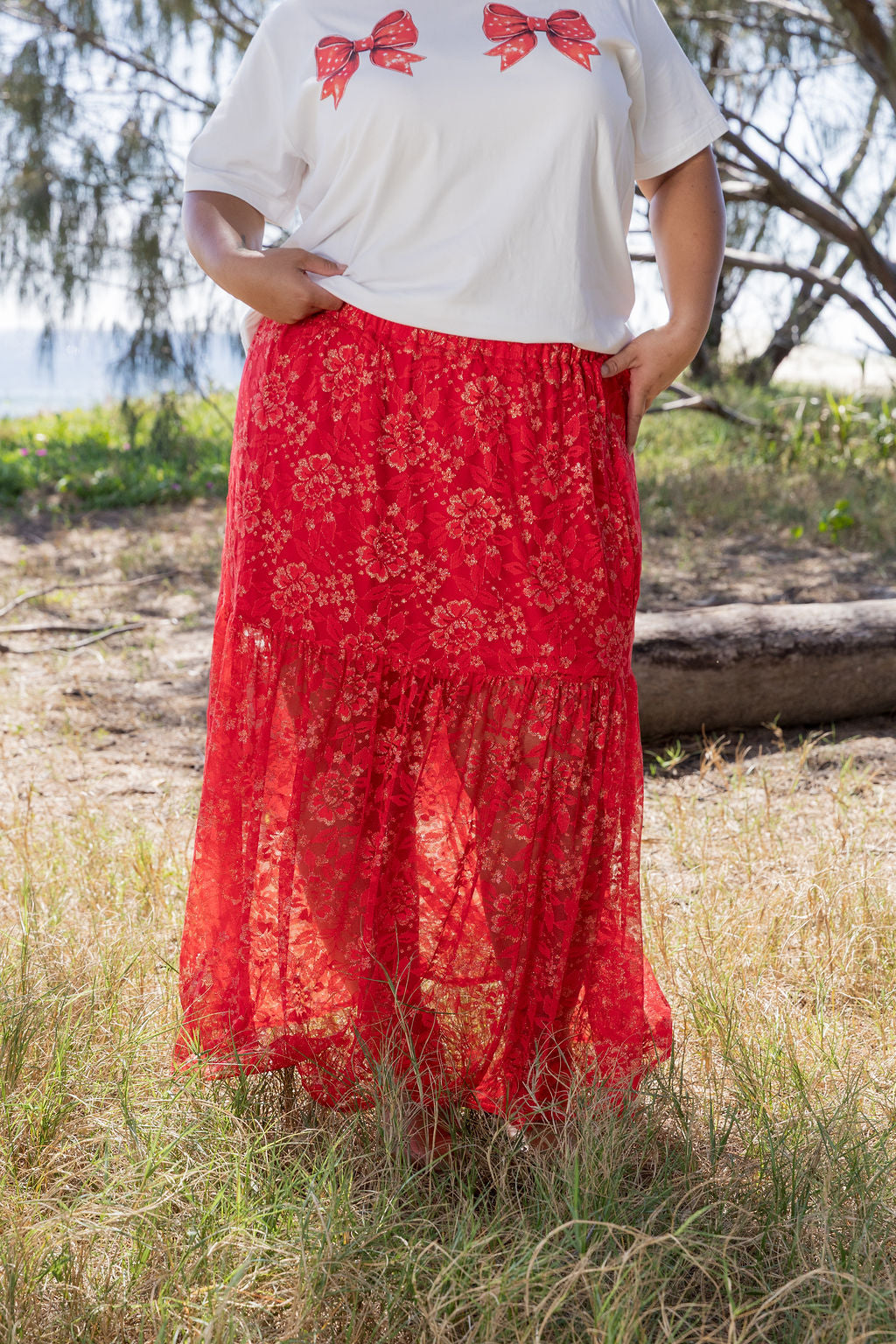 Vivien Lace Skirt in Red/Gold