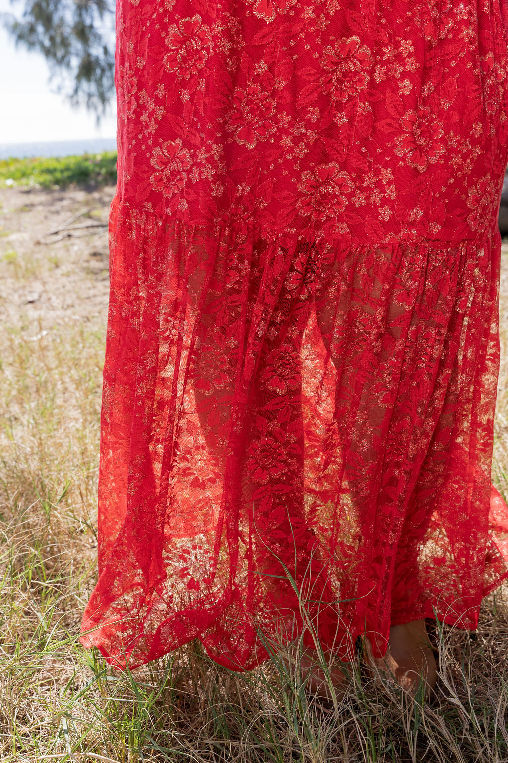 Vivien Lace Skirt in Red/Gold