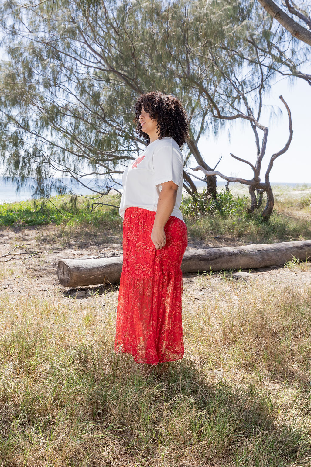 Vivien Lace Skirt in Red/Gold