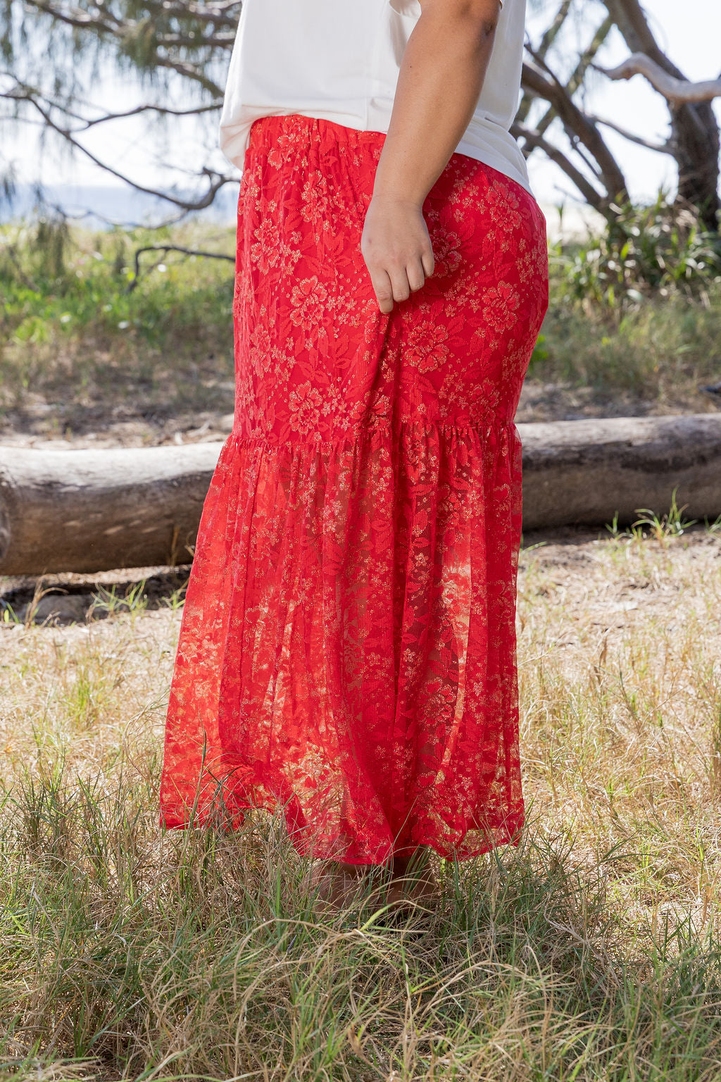 Vivien Lace Skirt in Red/Gold