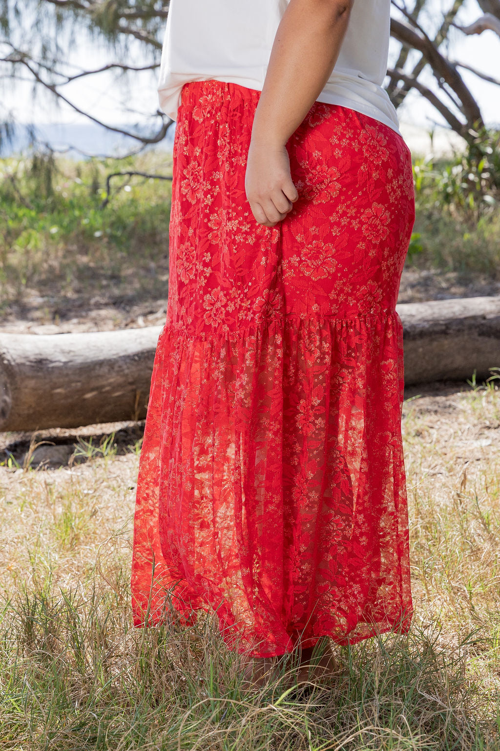 Vivien Lace Skirt in Red/Gold