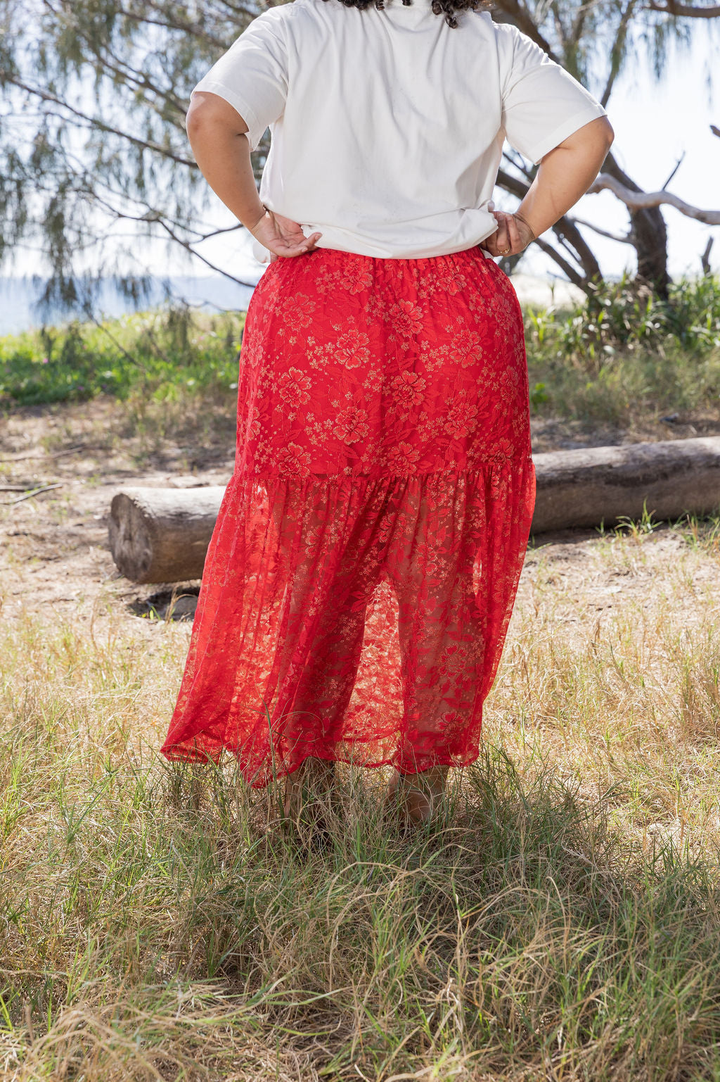 Vivien Lace Skirt in Red/Gold