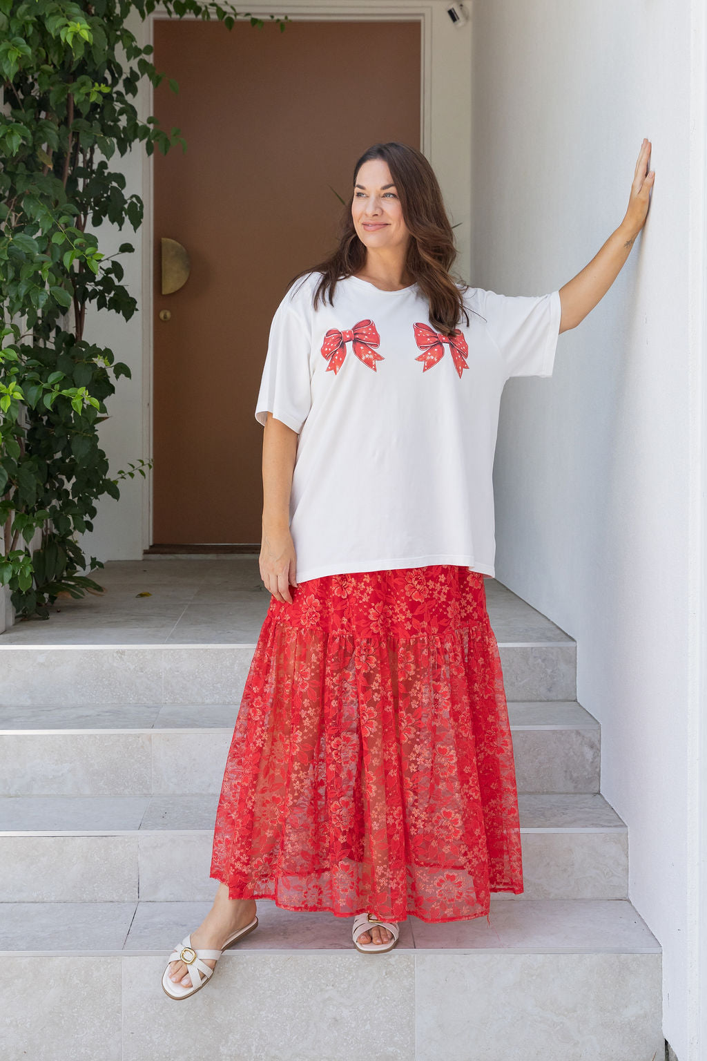 Vivien Lace Skirt in Red/Gold