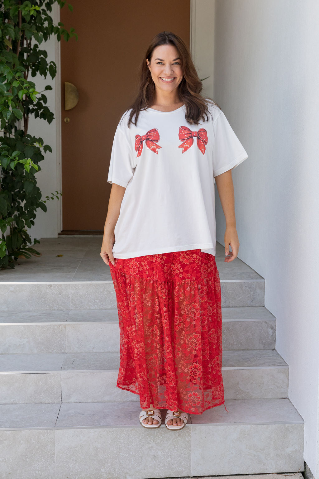 Vivien Lace Skirt in Red/Gold