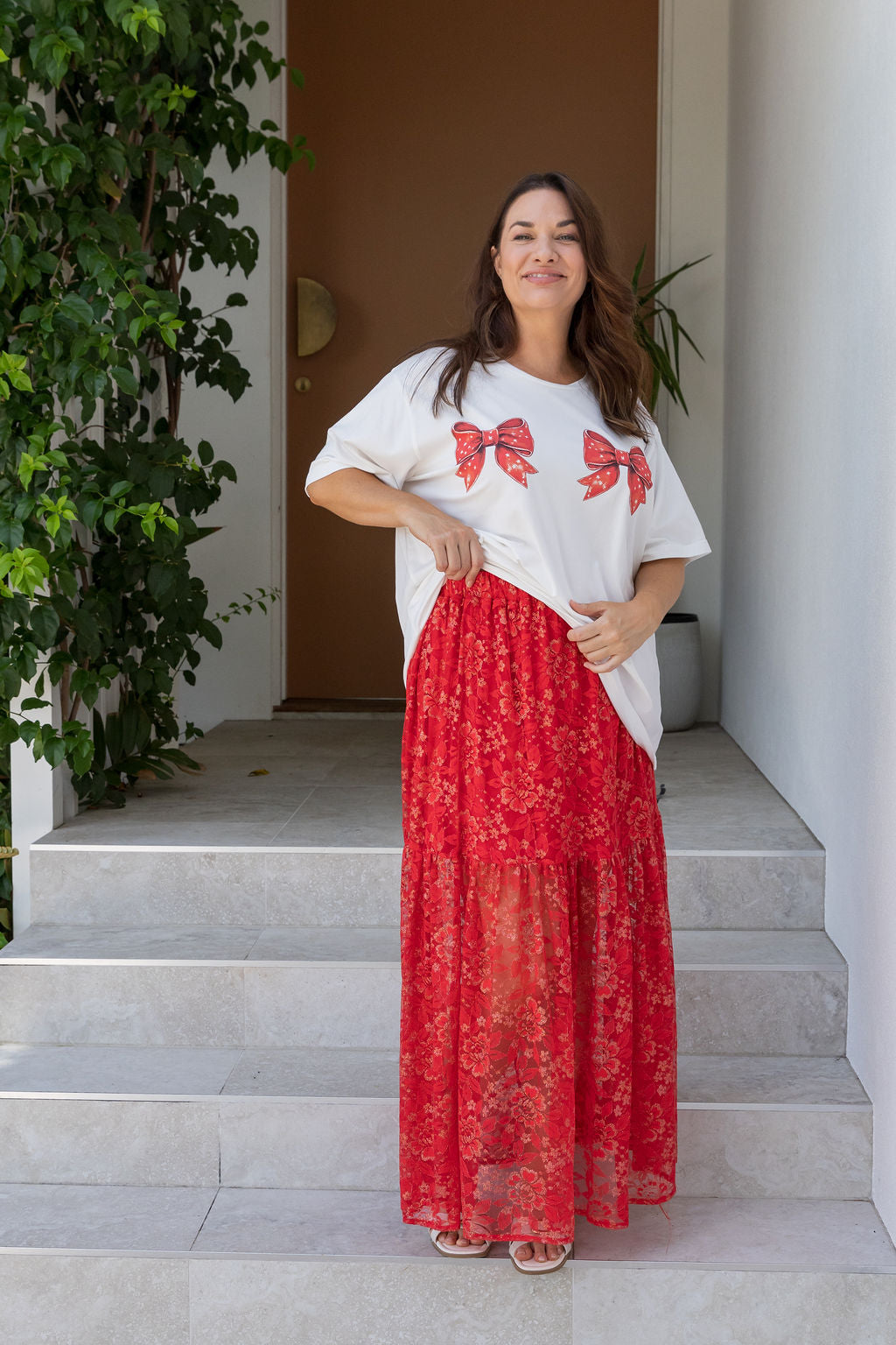 Vivien Lace Skirt in Red/Gold