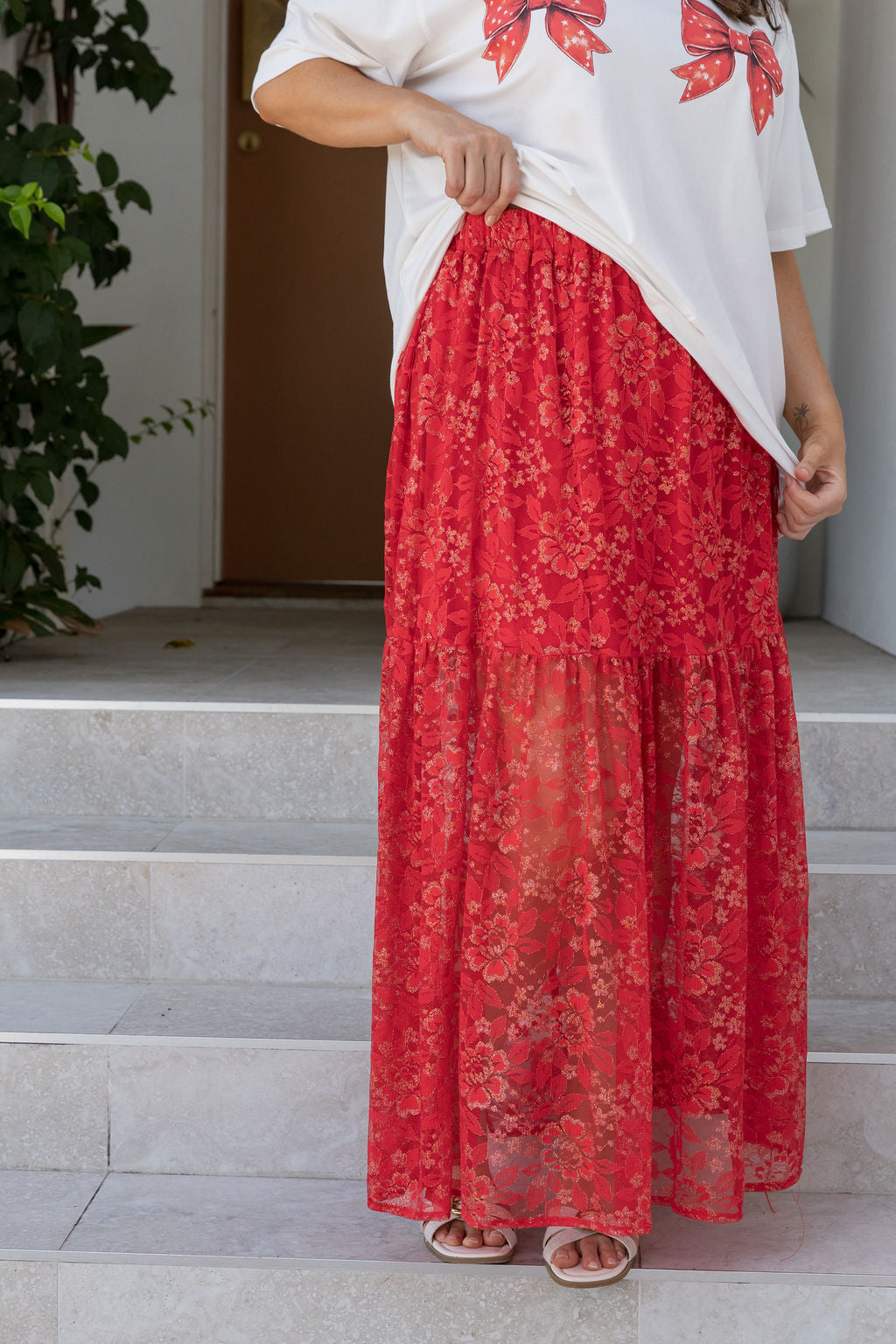 Vivien Lace Skirt in Red/Gold