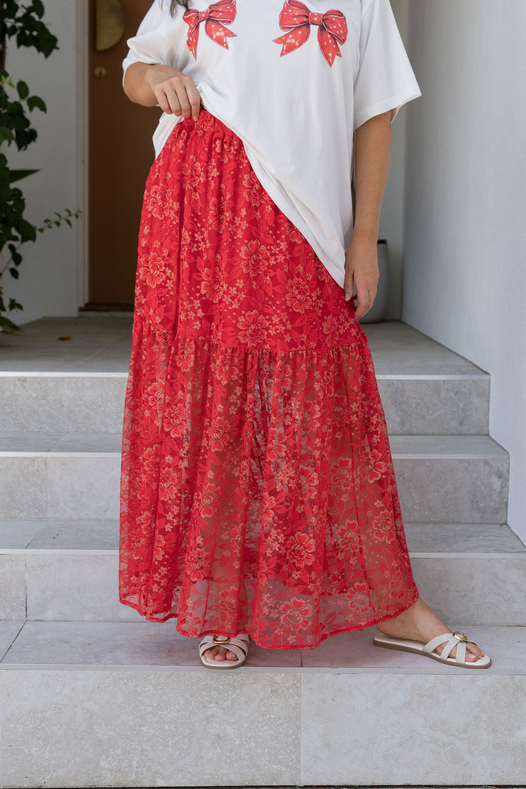 Vivien Lace Skirt in Red/Gold