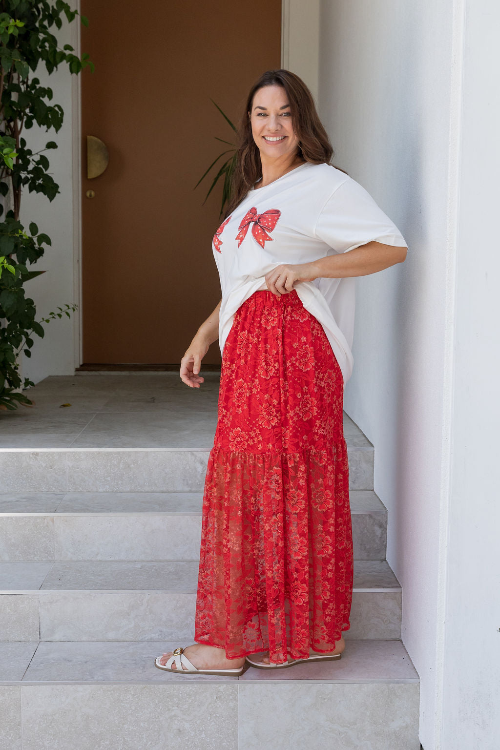 Vivien Lace Skirt in Red/Gold