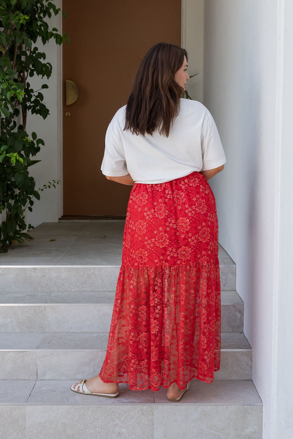 Vivien Lace Skirt in Red/Gold