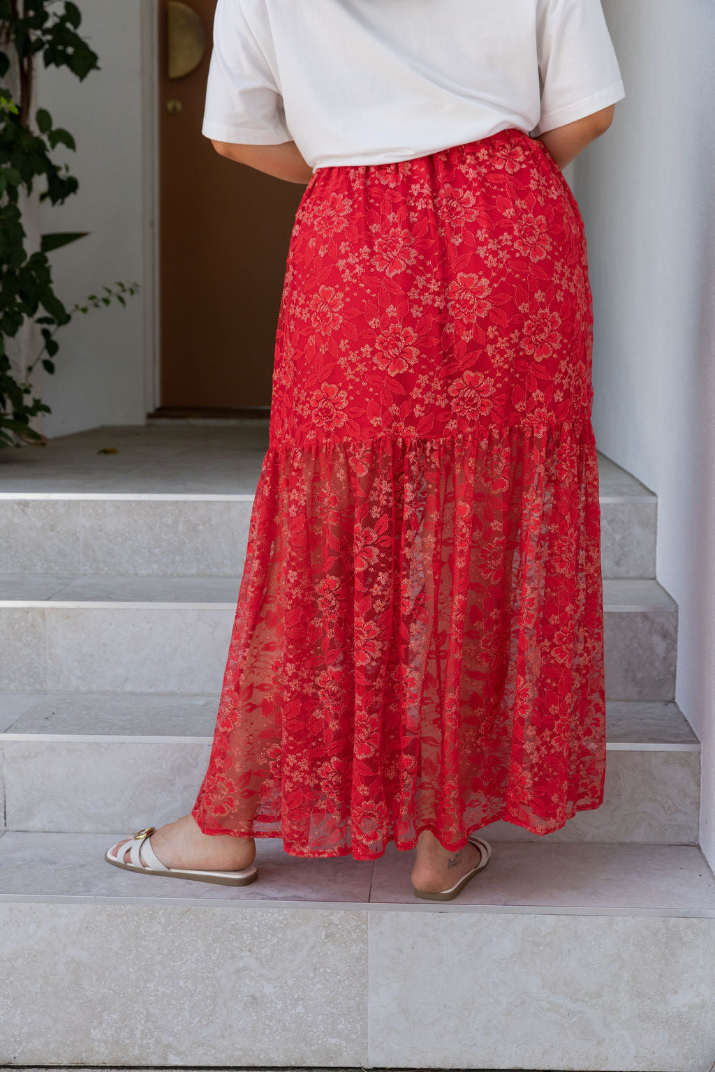 Vivien Lace Skirt in Red/Gold