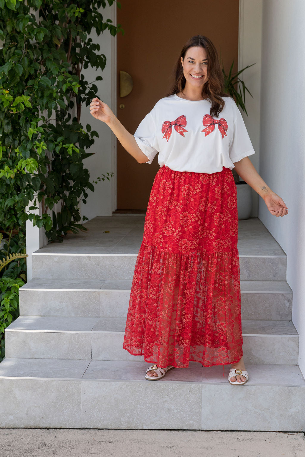 Vivien Lace Skirt in Red/Gold