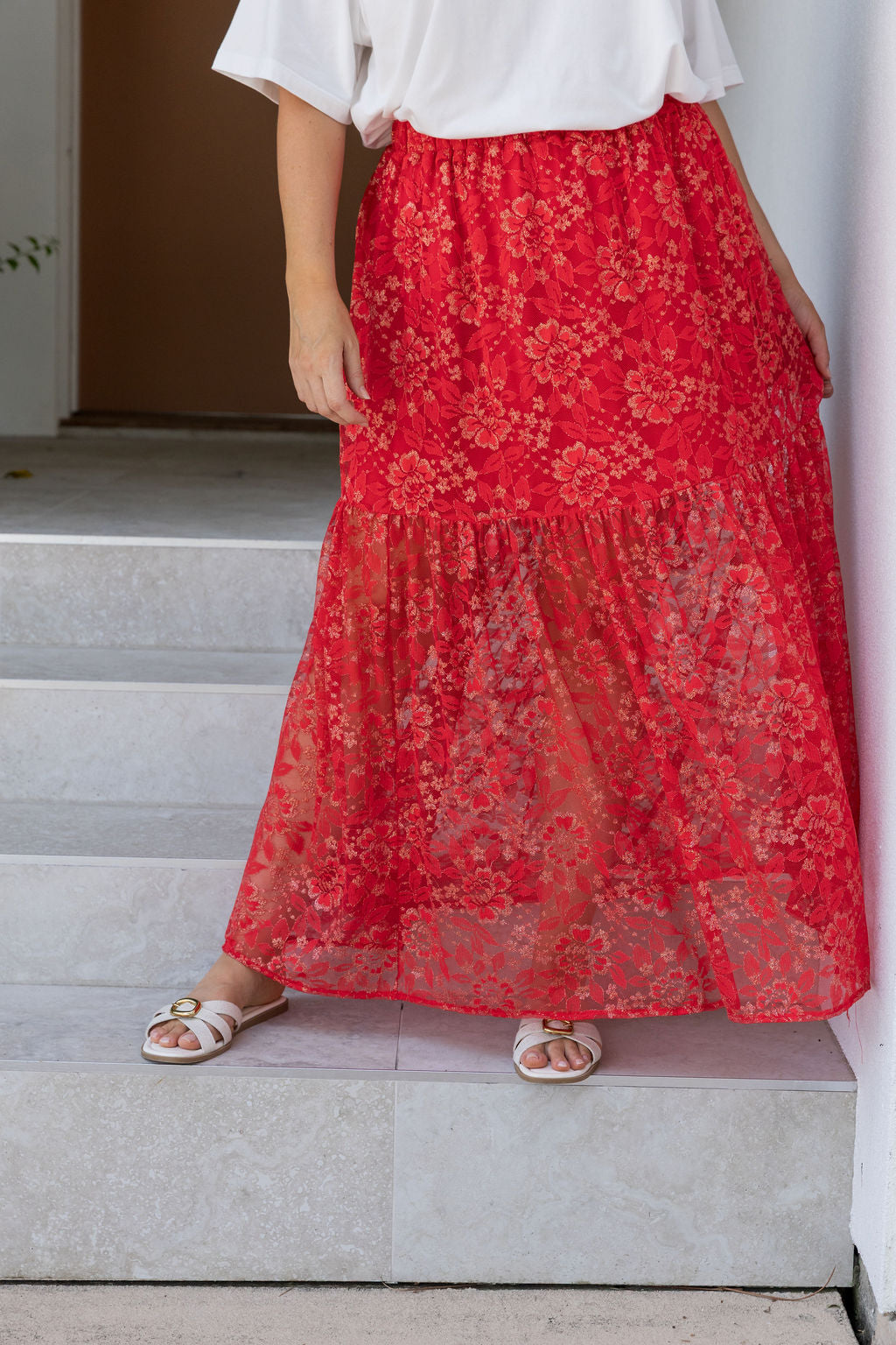 Vivien Lace Skirt in Red/Gold