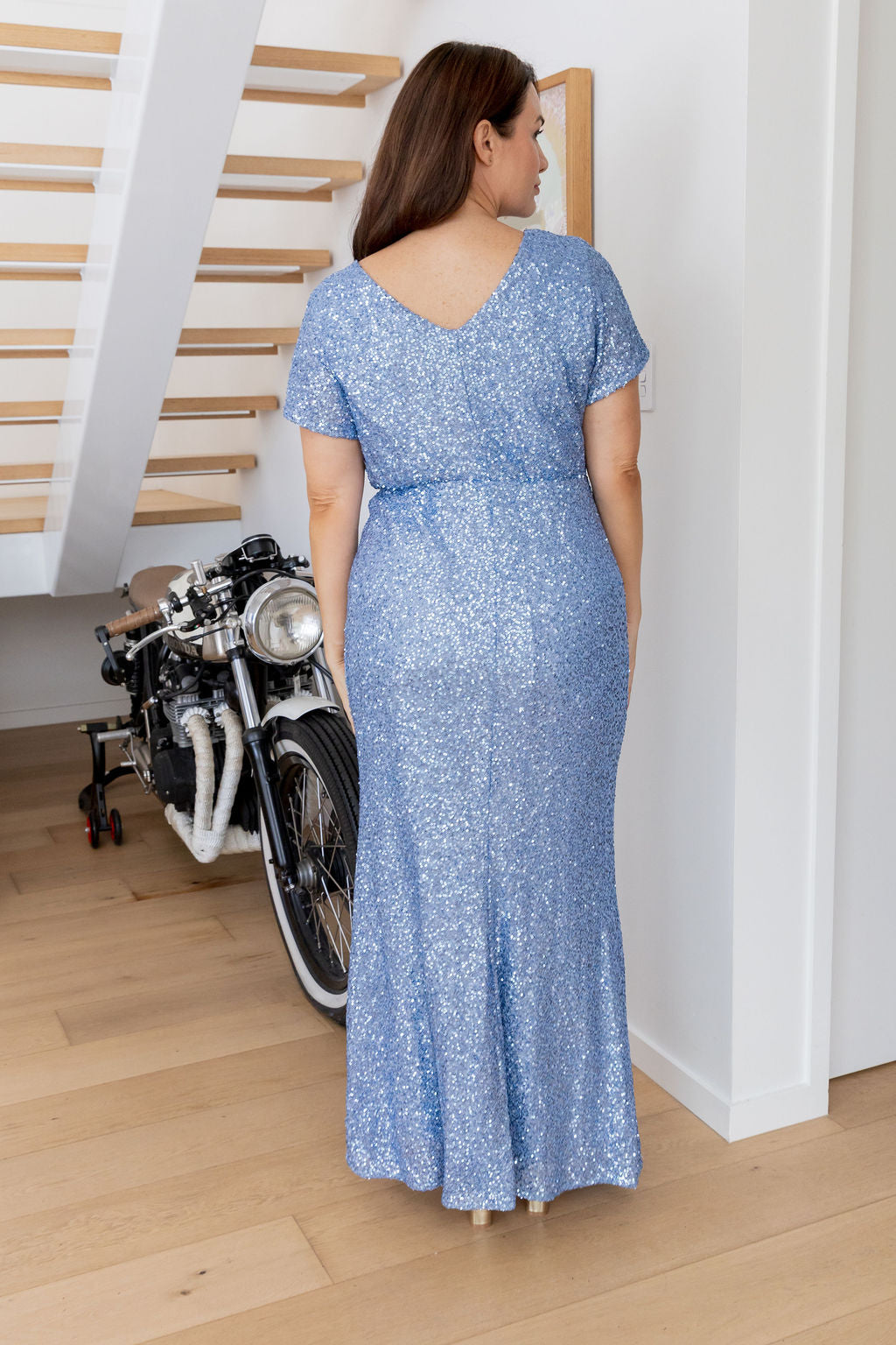 Arabella Sequin Maxi Dress in Steel Blue