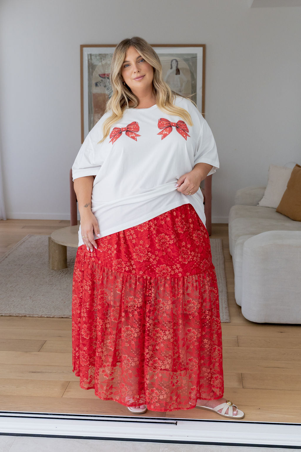 Vivien Lace Skirt in Red/Gold