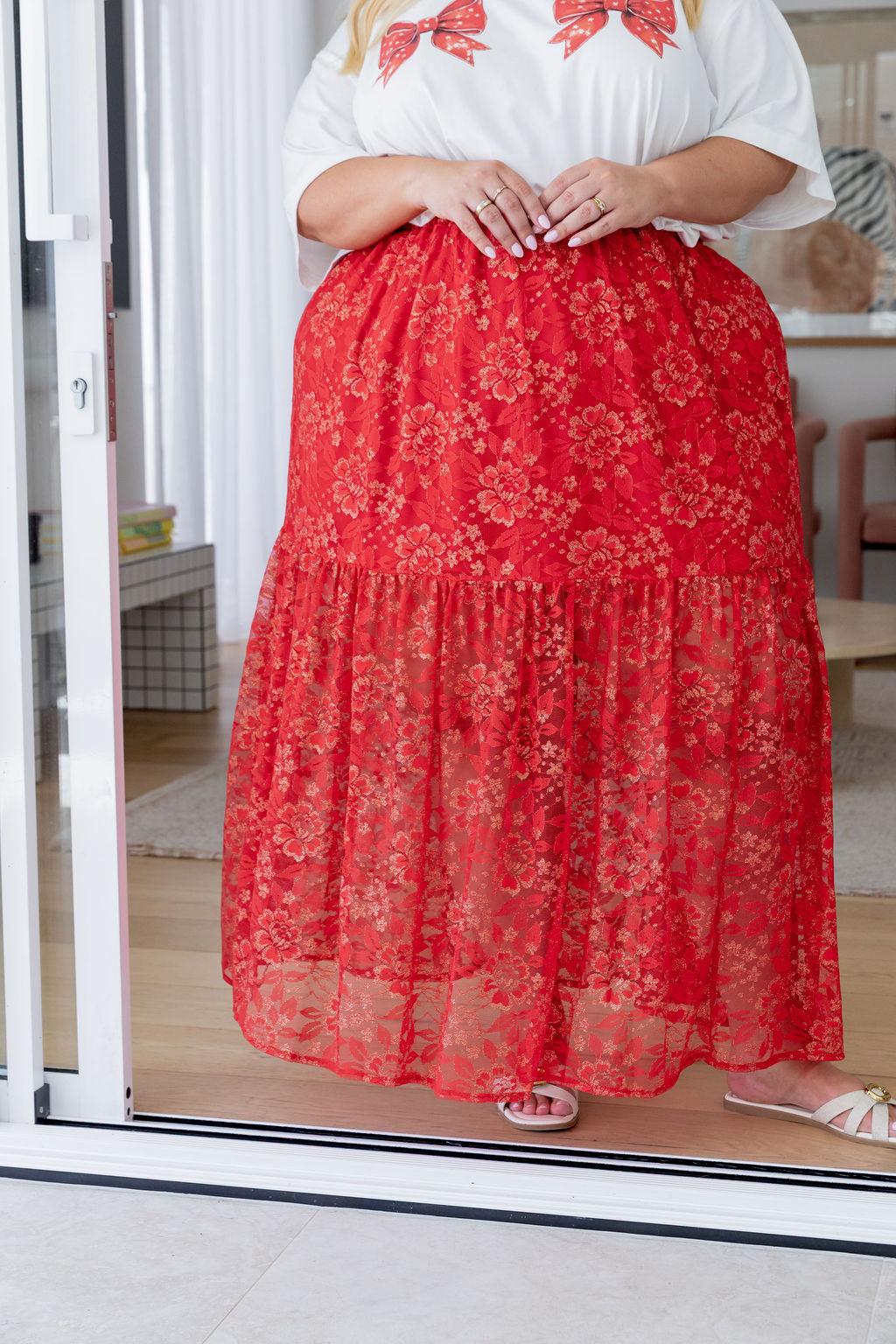 Vivien Lace Skirt in Red/Gold