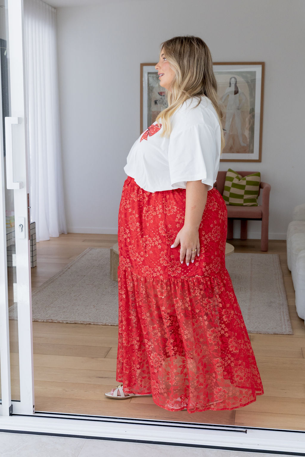 Vivien Lace Skirt in Red/Gold