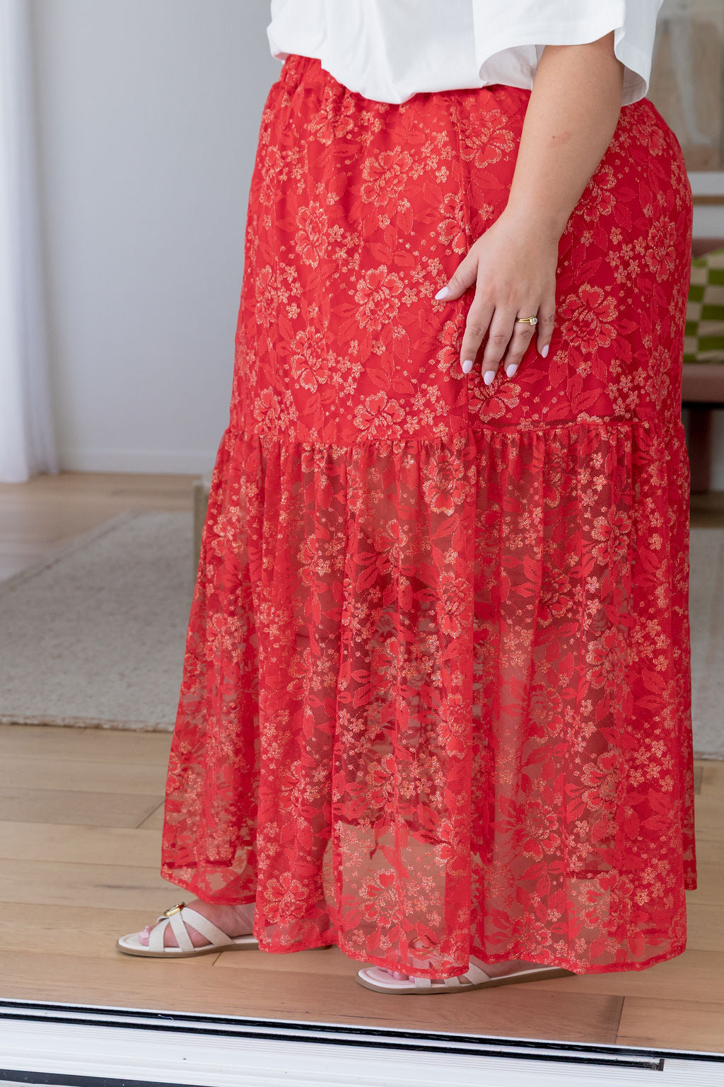 Vivien Lace Skirt in Red/Gold