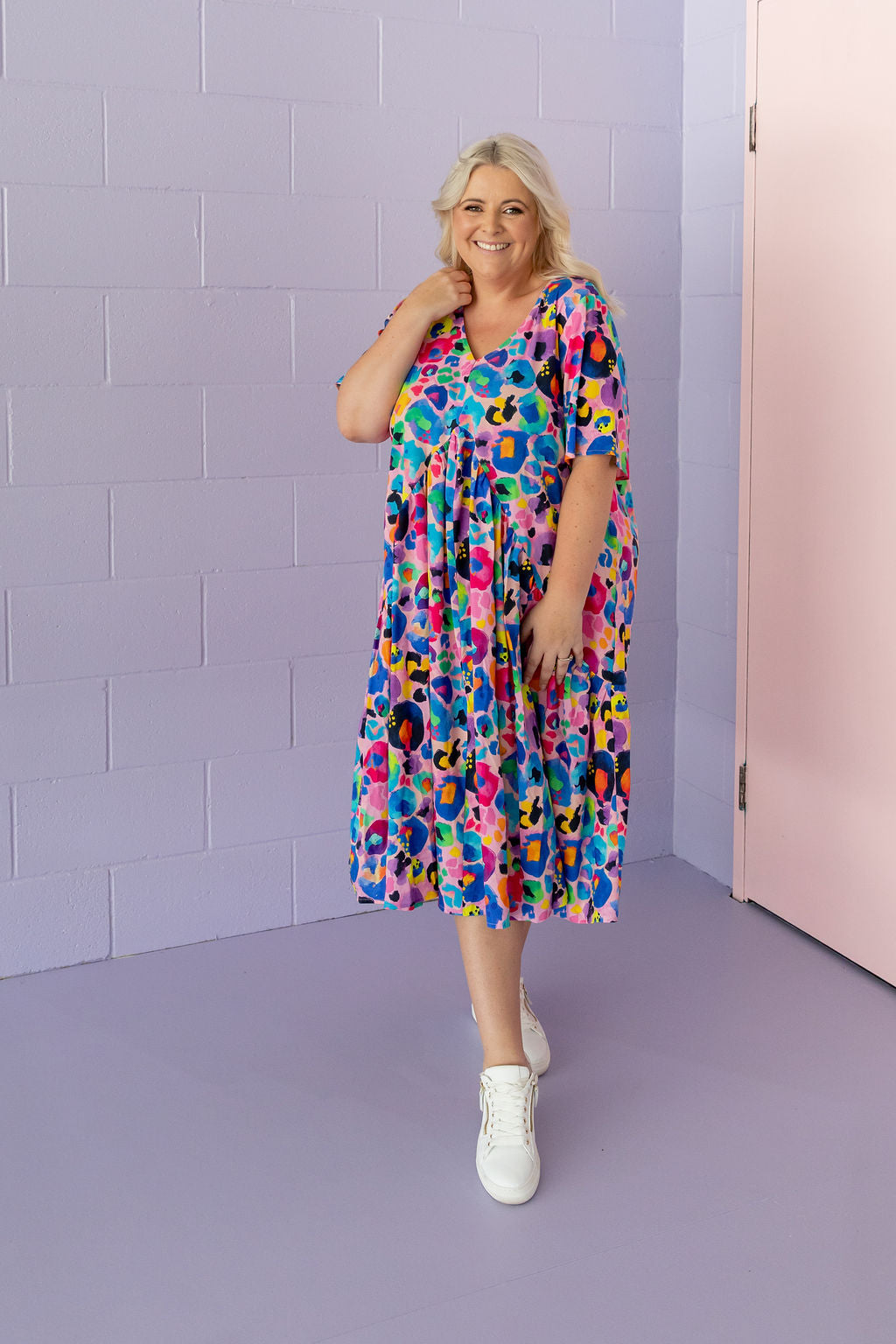 Peak Midi Dress in Rainbow Leopard Pink by Kasey Rainbow